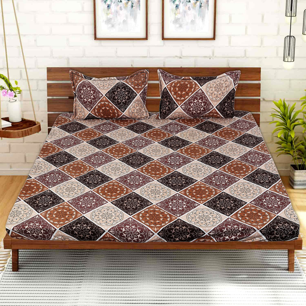 Kuber Industries Fitted Double Bedsheet|Glace Cotton Rangoli Print Bedsheet with 2 Pillow Covers for Living Room|Bedroom|6x6 Feet (Brown)