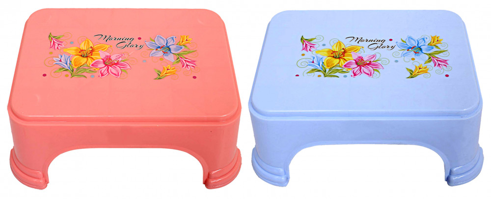 Kuber Industries Floral Print 2 Pieces Plastic Bathroom Stool, Adults Simple Style Stool Anti-Slip with Strong Bearing Stool for Home, Office, Kindergarten, Pink &amp; Blue