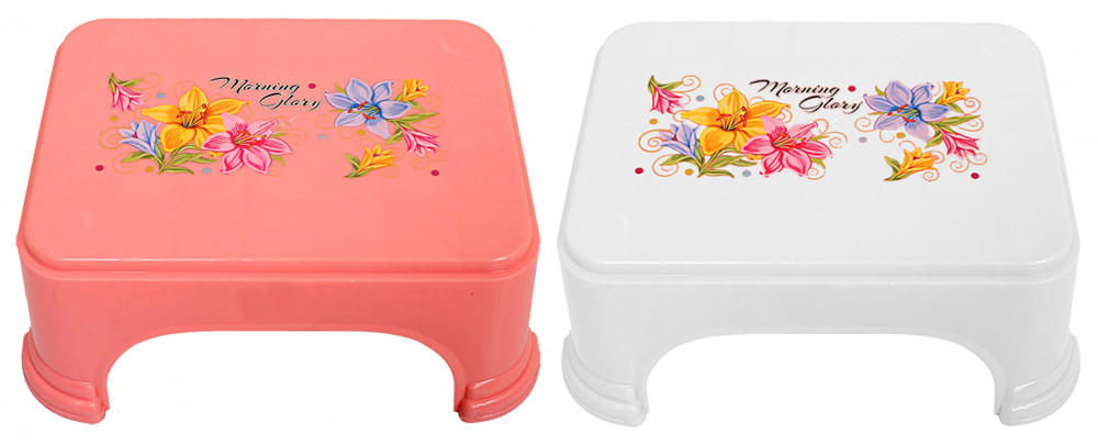 Kuber Industries Floral Print 2 Pieces Plastic Bathroom Stool, Adults Simple Style Stool Anti-Slip with Strong Bearing Stool for Home, Office, Kindergarten, Pink &amp; White