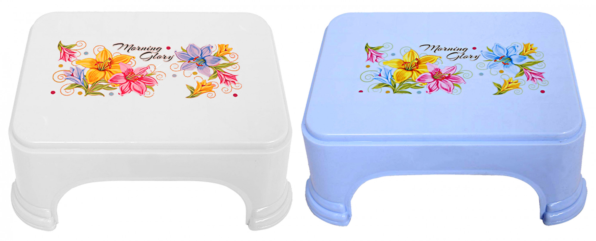Kuber Industries Floral Print 2 Pieces Plastic Bathroom Stool, Adults Simple Style Stool Anti-Slip with Strong Bearing Stool for Home, Office, Kindergarten, Blue & White