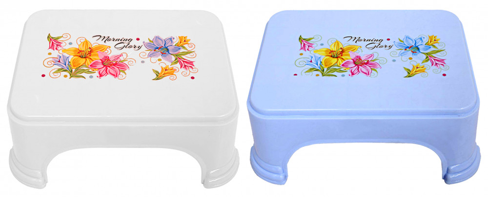 Kuber Industries Floral Print 2 Pieces Plastic Bathroom Stool, Adults Simple Style Stool Anti-Slip with Strong Bearing Stool for Home, Office, Kindergarten, Blue &amp; White