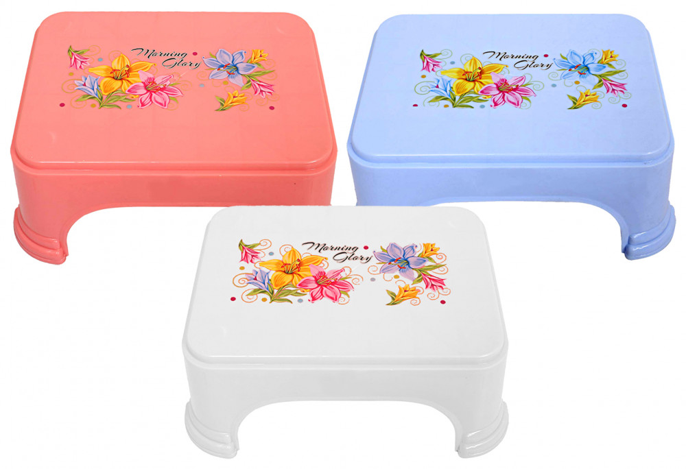 Kuber Industries Floral Print 3 Pieces Plastic Bathroom Stool, Adults Simple Style Stool Anti-Slip with Strong Bearing Stool for Home, Office, Kindergarten, Pink,Blue &amp; White