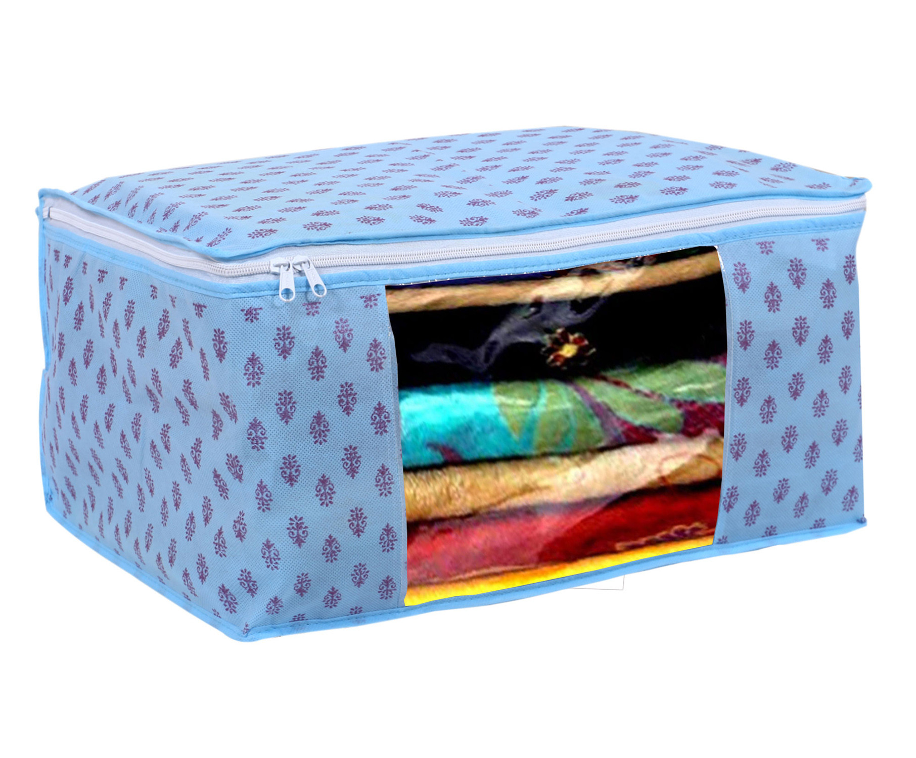 Kuber Industries Floral Print Non-Woven Foldable Saree Cover|Clothes Storage For Saree, Lehenga, Suit With Top Transparent (Sky Blue)