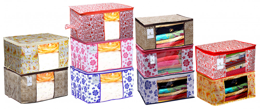 Kuber Industries Flower &amp; Leaf Printed 5 Piece Non Woven Saree Cover And 5 Pieces Underbed Storage Bag, Storage Organiser, Blanket Cover, Pink &amp; Blue &amp; Ivory Red &amp; Golden Brown &amp; Red  -CTKTC42453