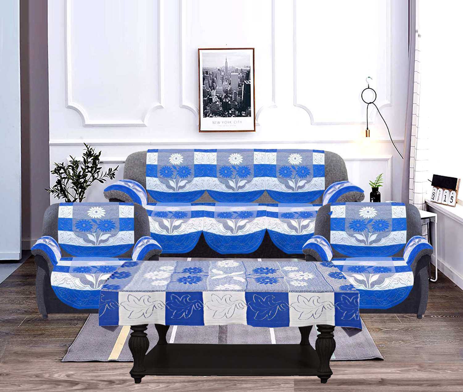 Kuber Industries Flower Design Cotton 5 Seater Sofa Cover With 6 Pieces Arms cover And 1 Center Table Cover Use Both Side, Living Room, Drawing Room, Bedroom, Guest Room (Set Of17, Blue)-KUBMRT12023