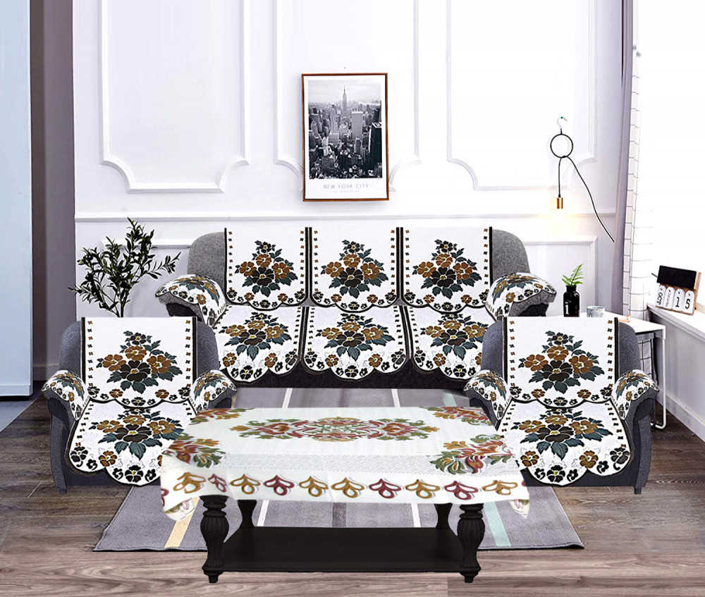 Kuber Industries Flower Design Cotton 5 Seater Sofa Cover With 6 Pieces Arms cover And 1 Center Table Cover Use Both Side, Living Room, Drawing Room, Bedroom, Guest Room (Set Of17, White &amp; Brown)-KUBMRT12029