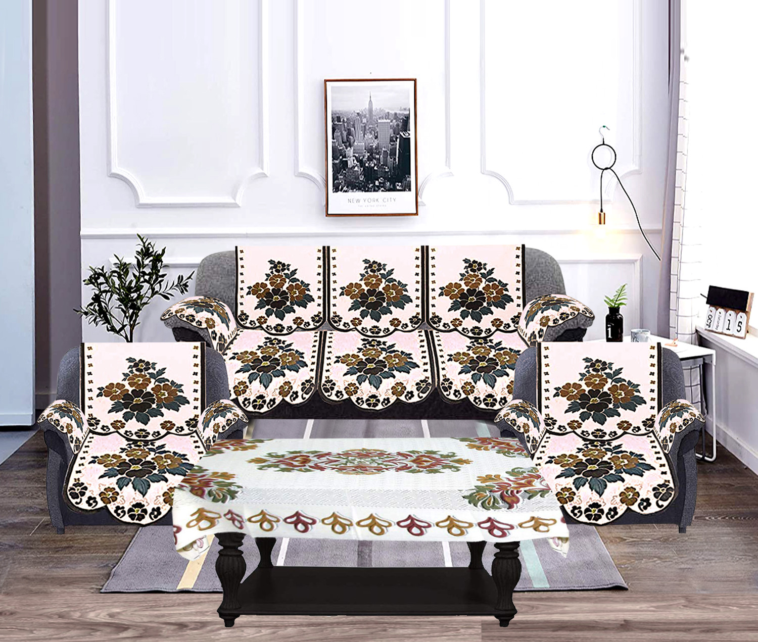 Kuber Industries Flower Design Cotton 5 Seater Sofa Cover With 6 Pieces Arms cover And 1 Center Table Cover Use Both Side, Living Room, Drawing Room, Bedroom, Guest Room (Set Of17, Cream & Brown)-KUBMRT12035