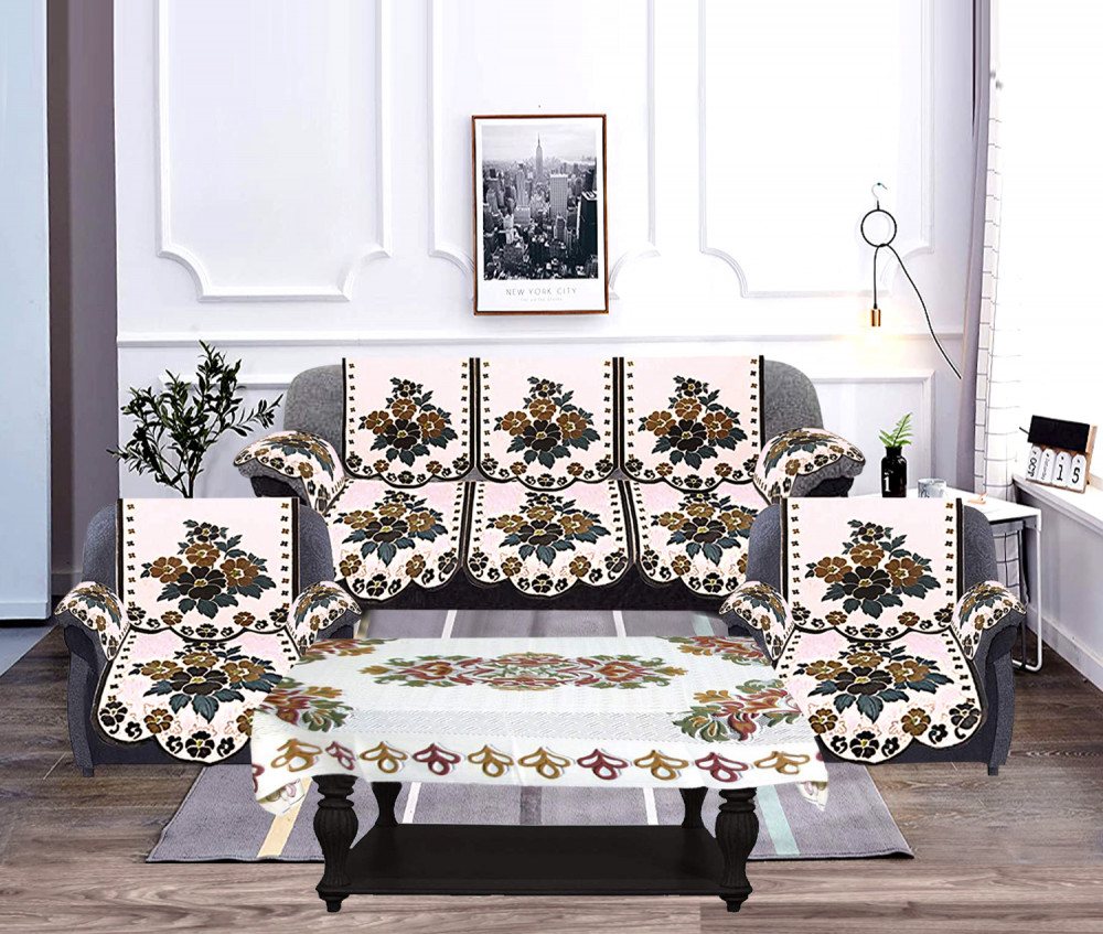 Kuber Industries Flower Design Cotton 5 Seater Sofa Cover With 6 Pieces Arms cover And 1 Center Table Cover Use Both Side, Living Room, Drawing Room, Bedroom, Guest Room (Set Of17, Cream &amp; Brown)-KUBMRT12035