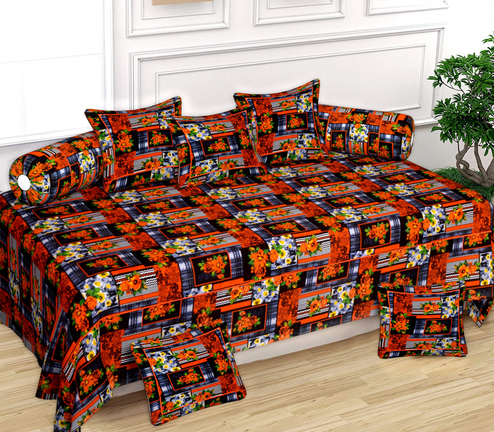 Kuber Industries Flower Design Cotton Diwan Set With 8 Pieces (Orange &amp; Black)-HS_38_KUBMART21141