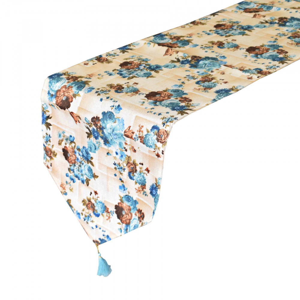 Kuber Industries Flower Design Cotton Table Runner for Family Dinners or Gatherings, Indoor or Outdoor Parties &amp; Everyday Use, 16&quot;x68&quot;inch (Blue)