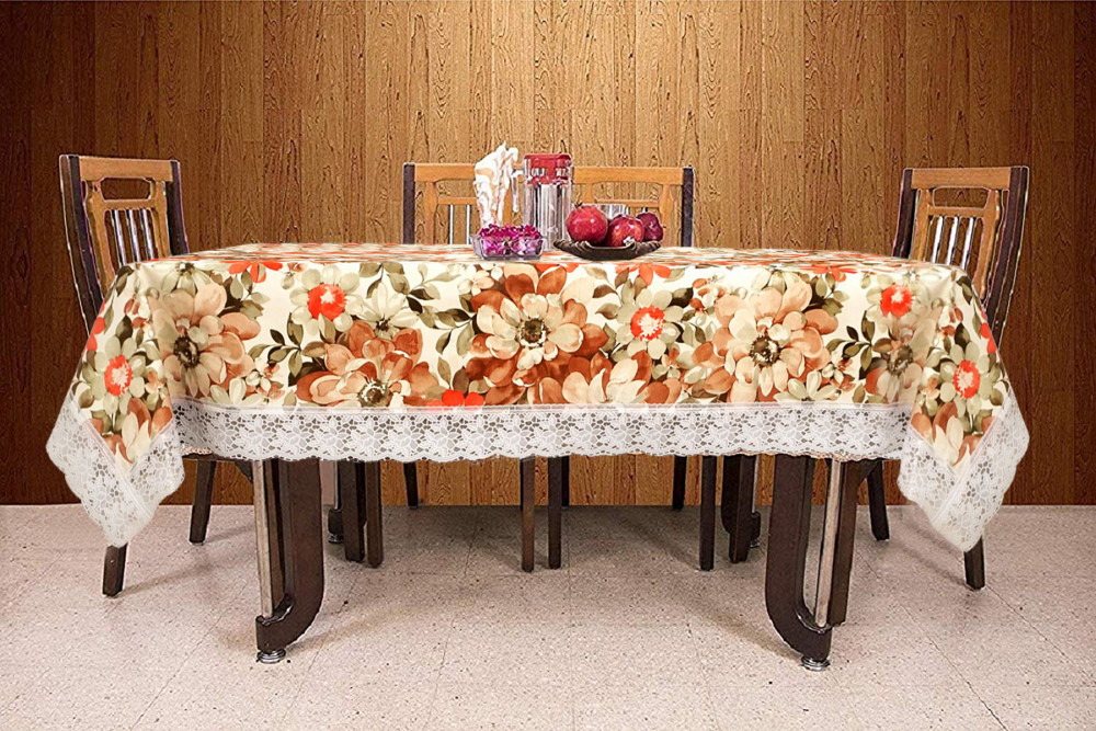 Kuber Industries Flower Design PVC 6 Seater Dining Table Cover 60&quot;x 90&quot; (Cream)