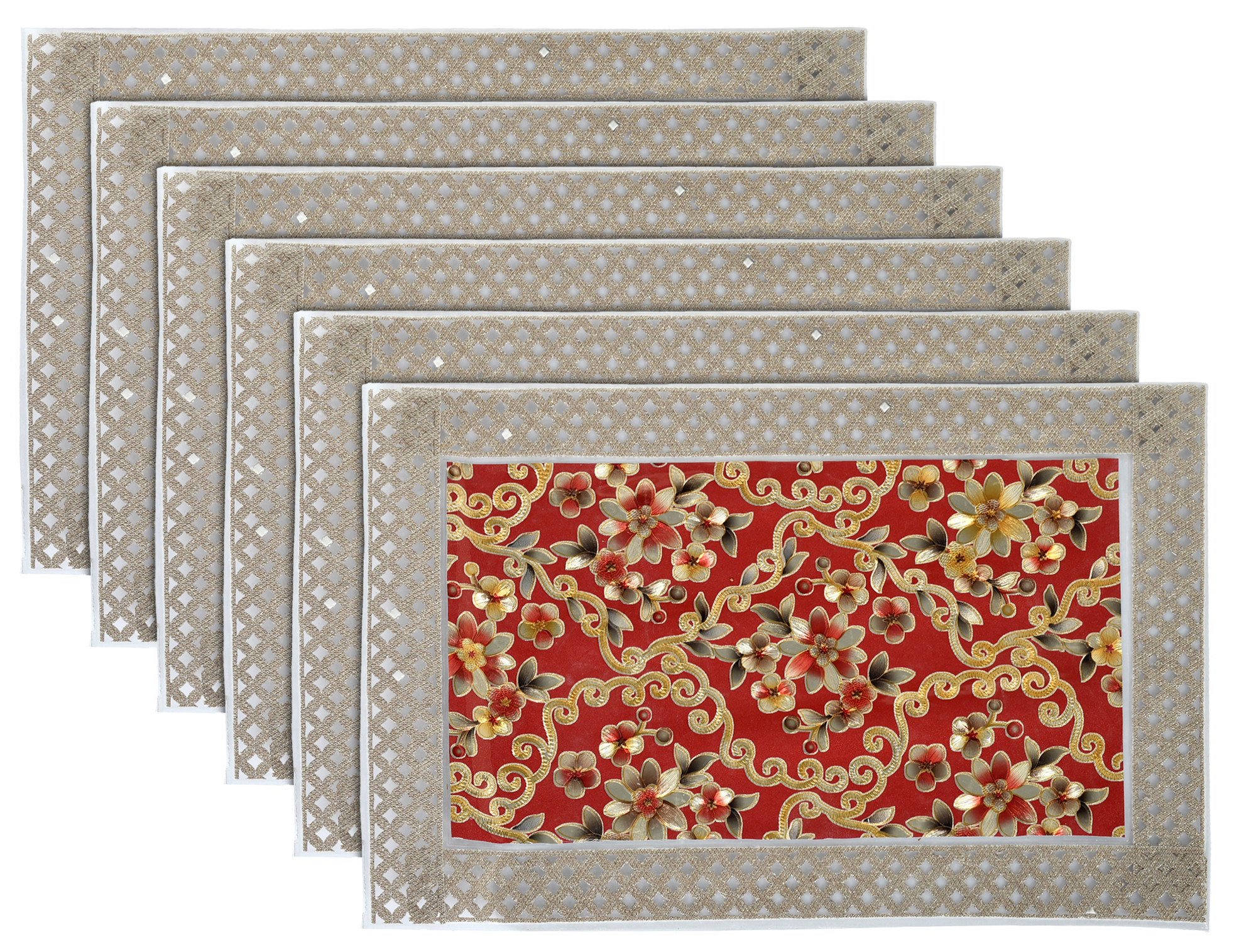 Kuber Industries Flower Design PVC Dining Table Placemat Set, Set of 6 (Maroon)