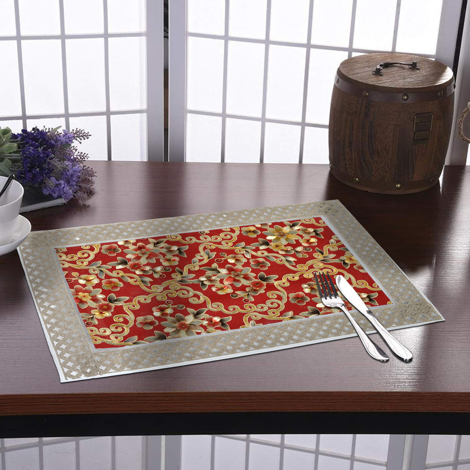 Kuber Industries Flower Design PVC Dining Table Placemat Set, Set of 6 (Maroon)
