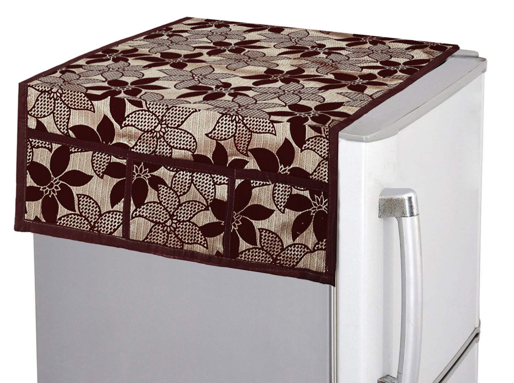 Kuber Industries Flower Design Velvet Fridge, Refrigerator, Side by Side, Double Door Top Cover, Protect For Scratches, Waterproof, Wear &amp; Tear And Dust With 6 Utility Side Pockets (Brown)-HS_38_KUBMART21087