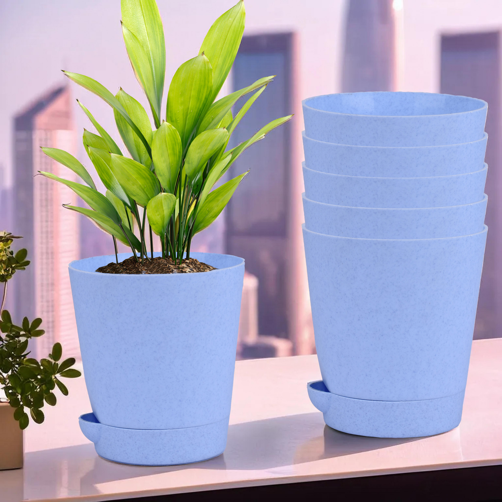 Kuber Industries Flower Pot | Flower Pot for Living Room-Office | Flower Planters for Home-office-Lawns & Garden Décor | Self Watering Flower Planters Pots | Marble Titan | 4 Inch | Blue