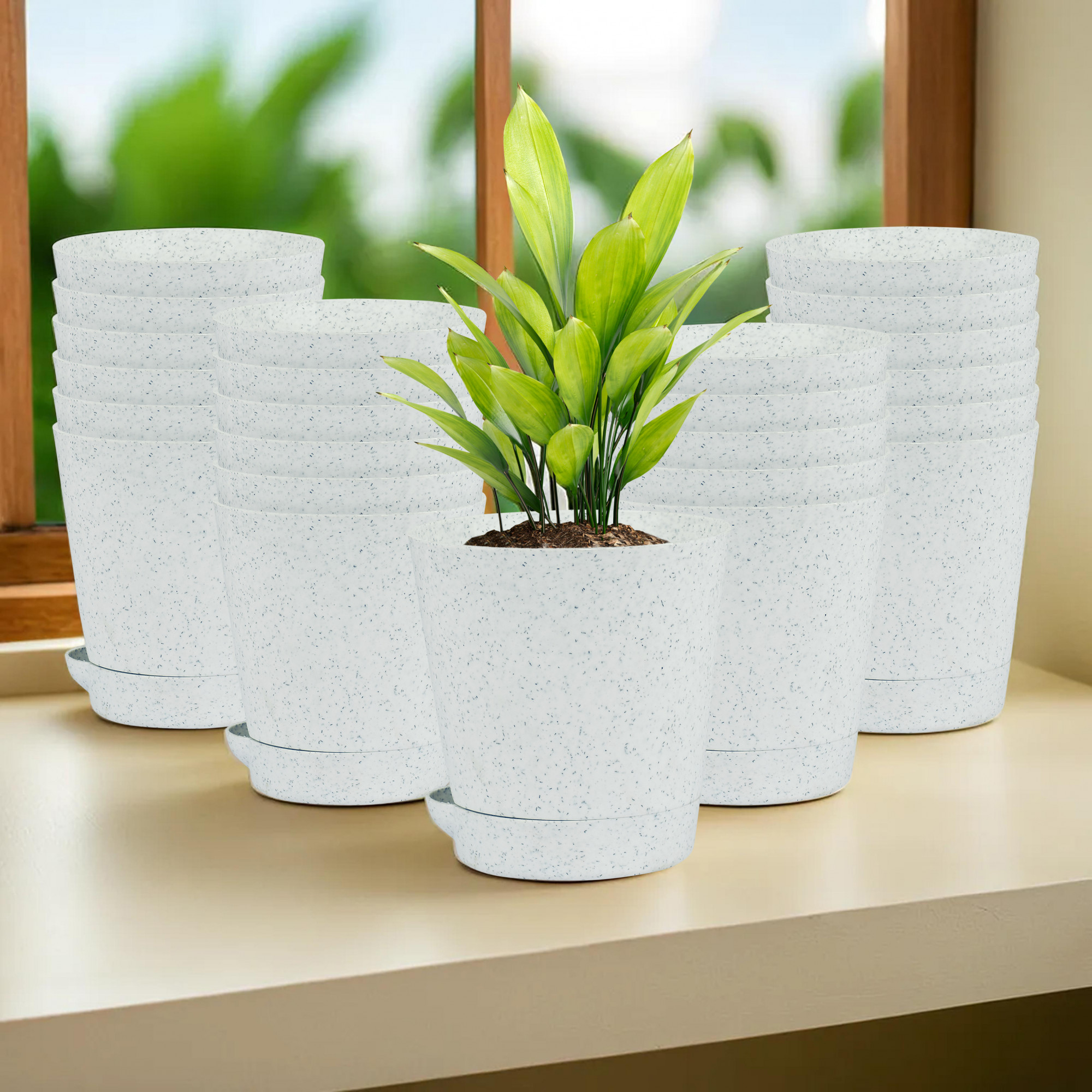 Kuber Industries Flower Pot | Flower Pot for Living Room-Office | Flower Planters for Home-office-Lawns & Garden Décor | Self Watering Flower Planters Pots | Marble Titan | 4 Inch | White