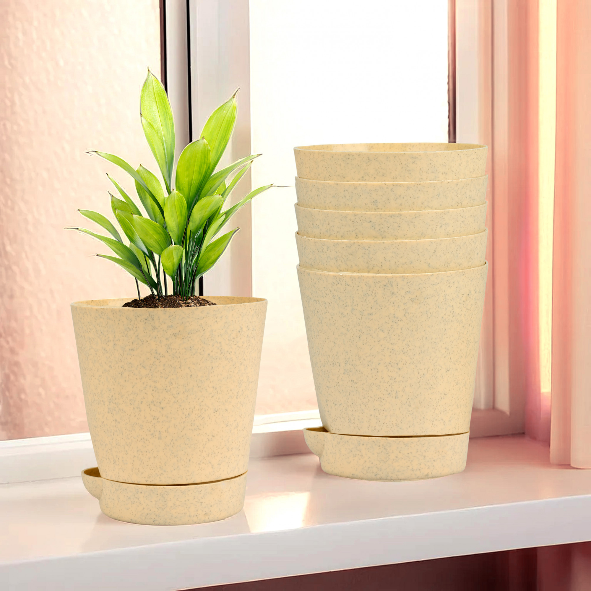 Kuber Industries Flower Pot | Flower Pot for Living Room-Office | Flower Planters for Home-office-Lawns & Garden Décor | Self Watering Flower Planters Pots | Marble Titan | 4 Inch | Beige