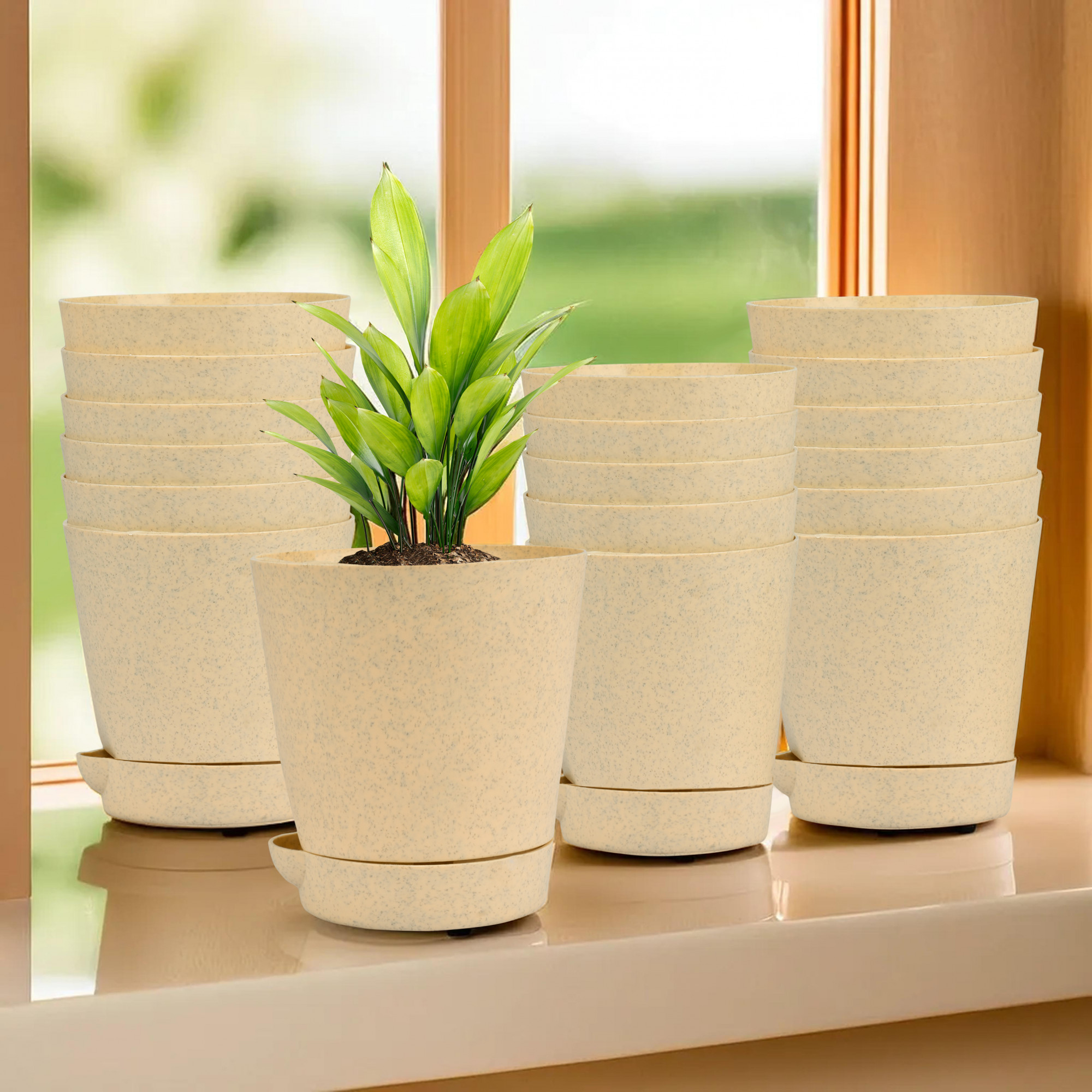 Kuber Industries Flower Pot | Flower Pot for Living Room-Office | Flower Planters for Home-office-Lawns & Garden Décor | Self Watering Flower Planters Pots | Marble Titan | 4 Inch | Beige