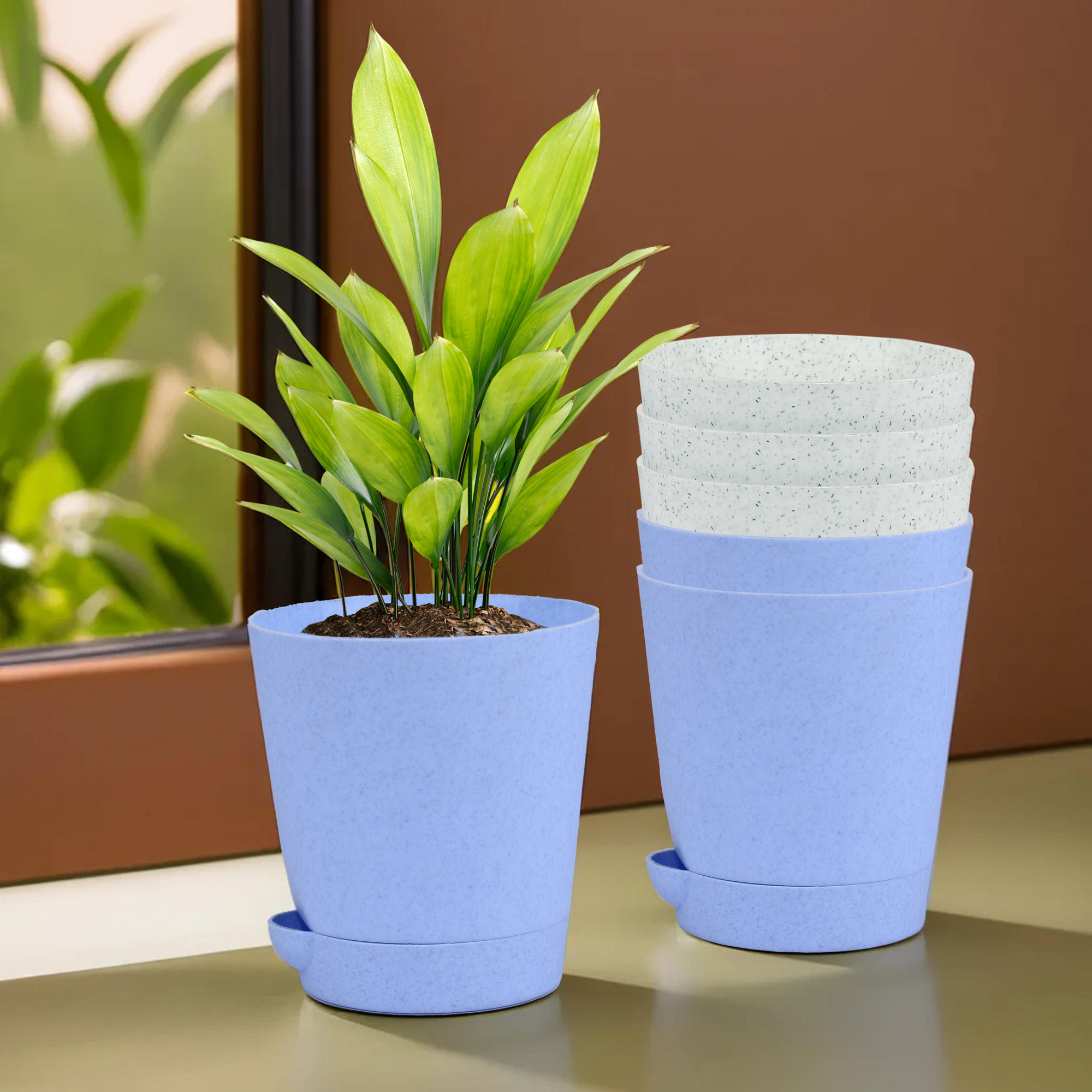 Kuber Industries Flower Pot | Flower Pot for Living Room-Office | Planters for Home-office-Lawns & Garden Décor | Self Watering Flower Planters Pots | Marble Titan | 4 Inch | Blue & White