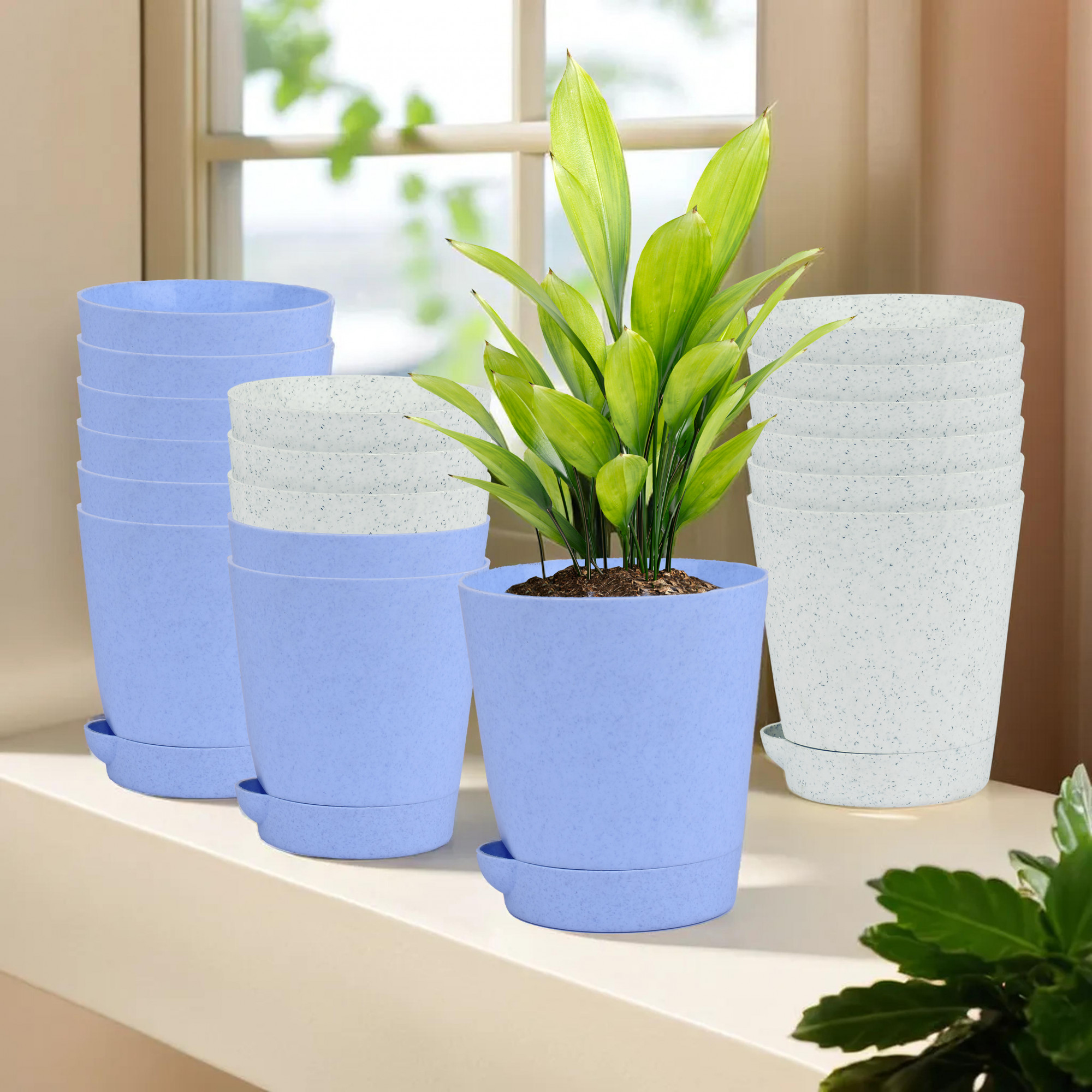 Kuber Industries Flower Pot | Flower Pot for Living Room-Office | Planters for Home-office-Lawns & Garden Décor | Self Watering Flower Planters Pots | Marble Titan | 4 Inch | Blue & White