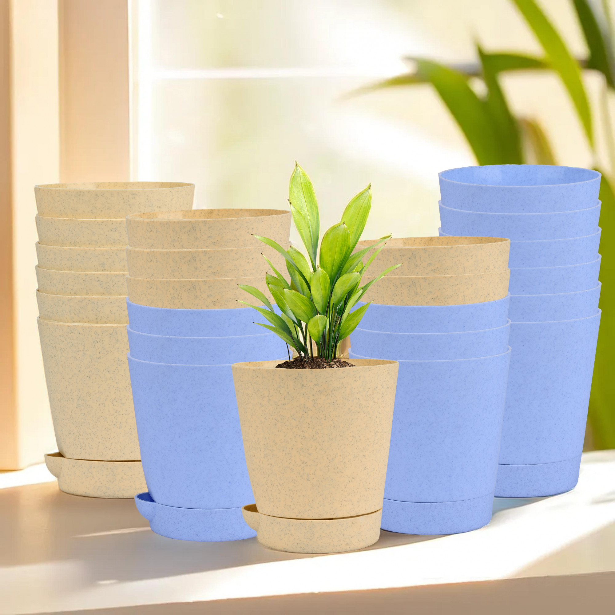 Kuber Industries Flower Pot | Flower Pot for Living Room-Office | Planters for Home-office-Lawns & Garden Décor | Self Watering Flower Planters Pots | Marble Titan | 4 Inch | Blue & Beige