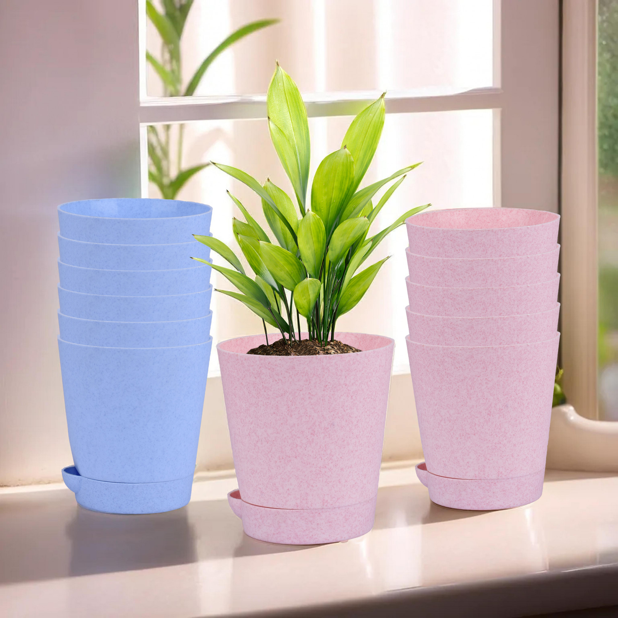 Kuber Industries Flower Pot | Flower Pot for Living Room-Office | Planters for Home-office-Lawns & Garden Décor | Self Watering Flower Planters Pots | Marble Titan | 4 Inch | Blue & Pink