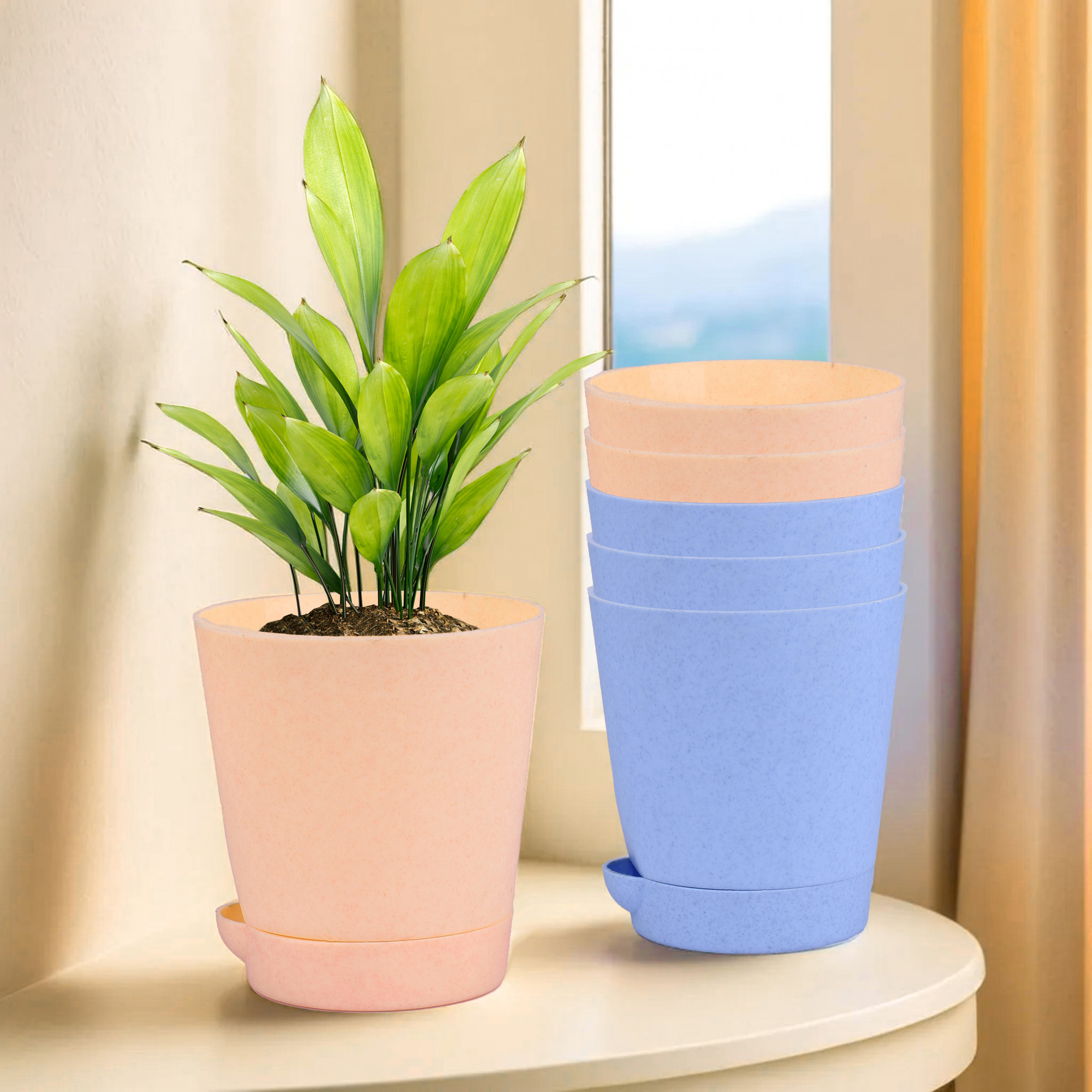 Kuber Industries Flower Pot | Flower Pot for Living Room-Office | Planters for Home-office-Lawns & Garden Décor | Self Watering Flower Planters Pots | Marble Titan | 4 Inch | Blue & Peach