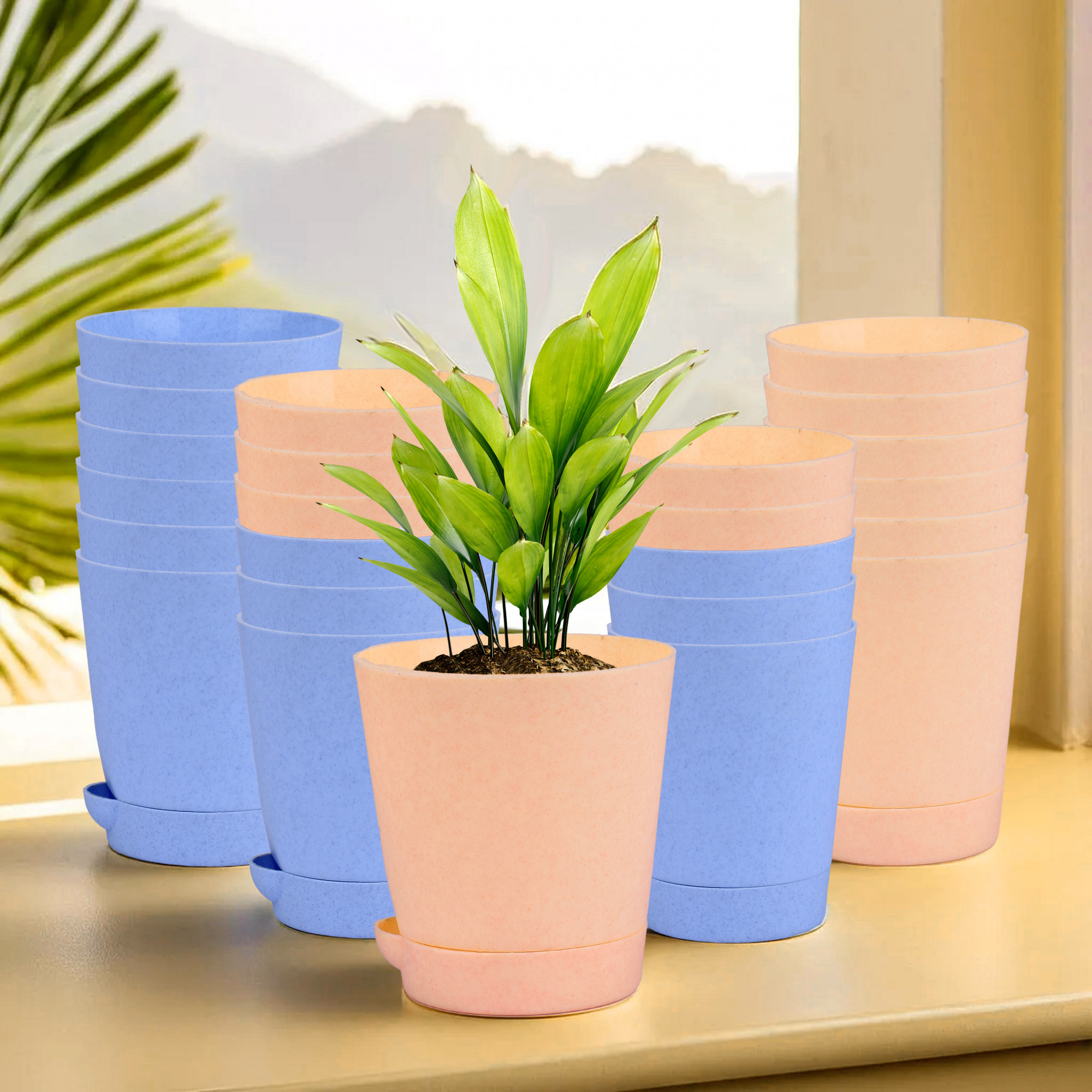 Kuber Industries Flower Pot | Flower Pot for Living Room-Office | Planters for Home-office-Lawns & Garden Décor | Self Watering Flower Planters Pots | Marble Titan | 4 Inch | Blue & Peach