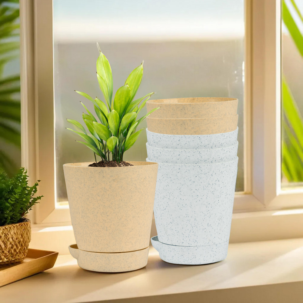 Kuber Industries Flower Pot | Flower Pot for Living Room-Office | Planters for Home-office-Lawns &amp; Garden Décor | Self Watering Flower Planters Pots | Marble Titan | 4 Inch | White &amp; Beige