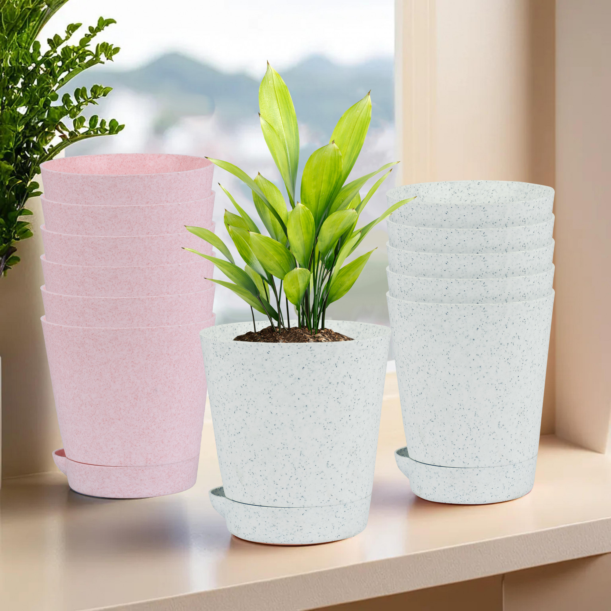 Kuber Industries Flower Pot | Flower Pot for Living Room-Office | Planters for Home-office-Lawns & Garden Décor | Self Watering Flower Planters Pots | Marble Titan | 4 Inch | White & Pink