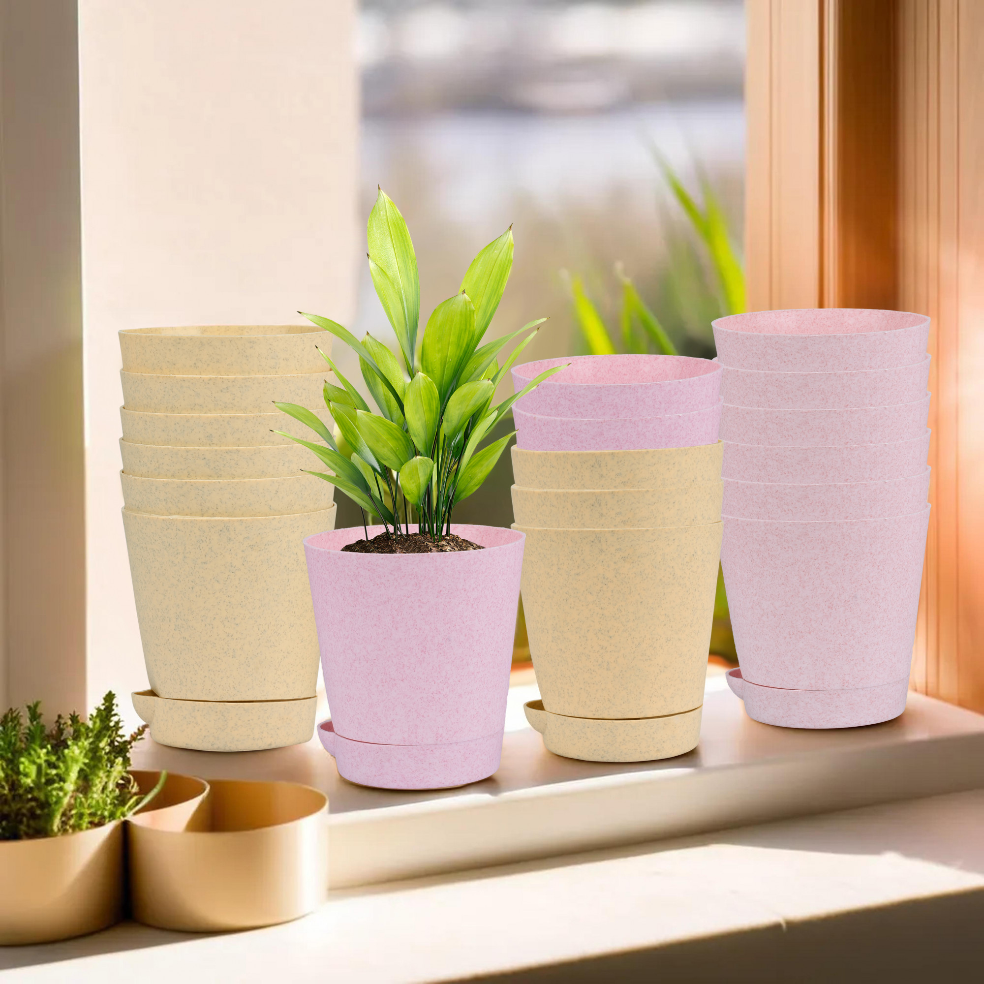 Kuber Industries Flower Pot | Flower Pot for Living Room-Office | Planters for Home-office-Lawns & Garden Décor | Self Watering Flower Planters Pots | Marble Titan | 4 Inch | Beige & Pink
