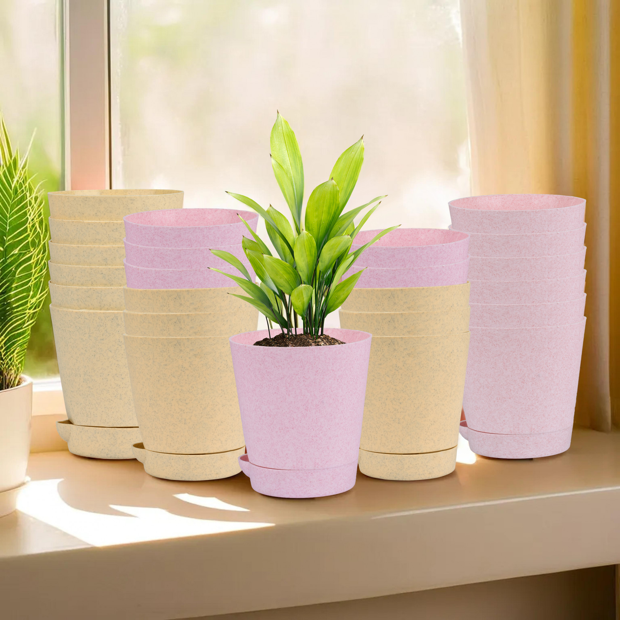 Kuber Industries Flower Pot | Flower Pot for Living Room-Office | Planters for Home-office-Lawns & Garden Décor | Self Watering Flower Planters Pots | Marble Titan | 4 Inch | Beige & Pink