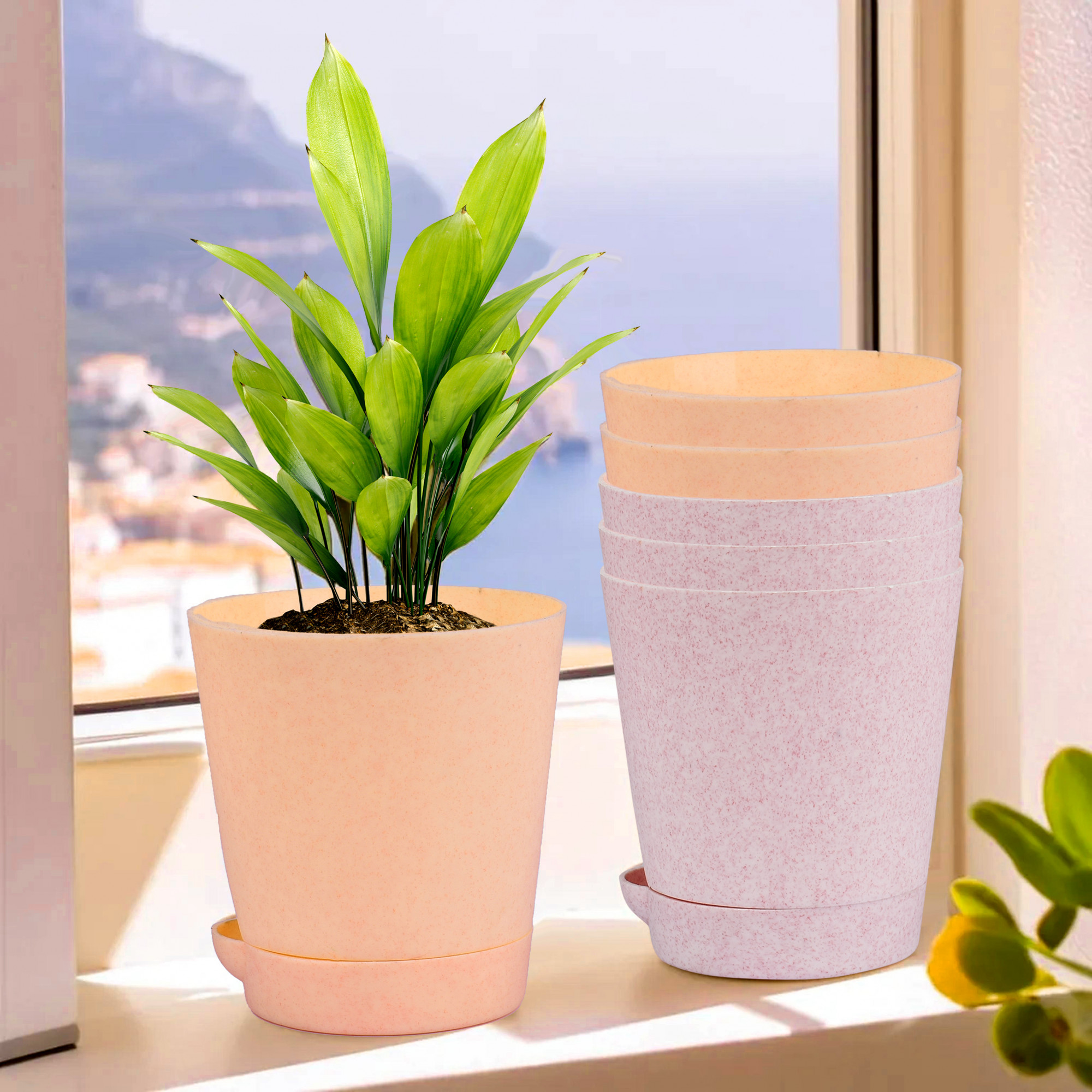 Kuber Industries Flower Pot | Flower Pot for Living Room-Office | Planters for Home-office-Lawns & Garden Décor | Self Watering Flower Planters Pots | Marble Titan | 4 Inch | Pink & Peach