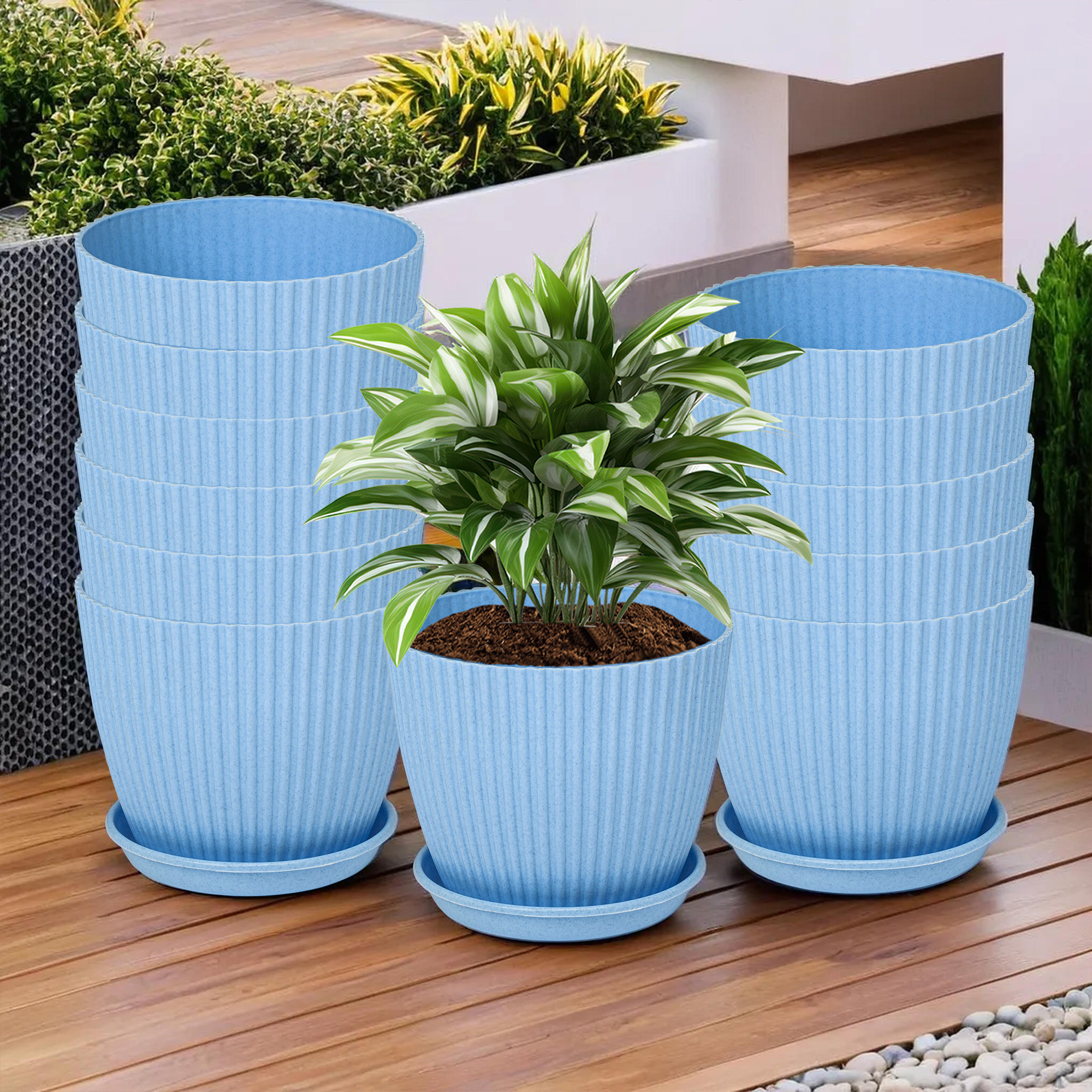 Kuber Industries Flower Pot with Bottom Tray | Flower Container for Living Room | Planters for Home-Lawns & Gardening | Flower Planter for Balcony | Marble Mega | 9 Inch | Blue