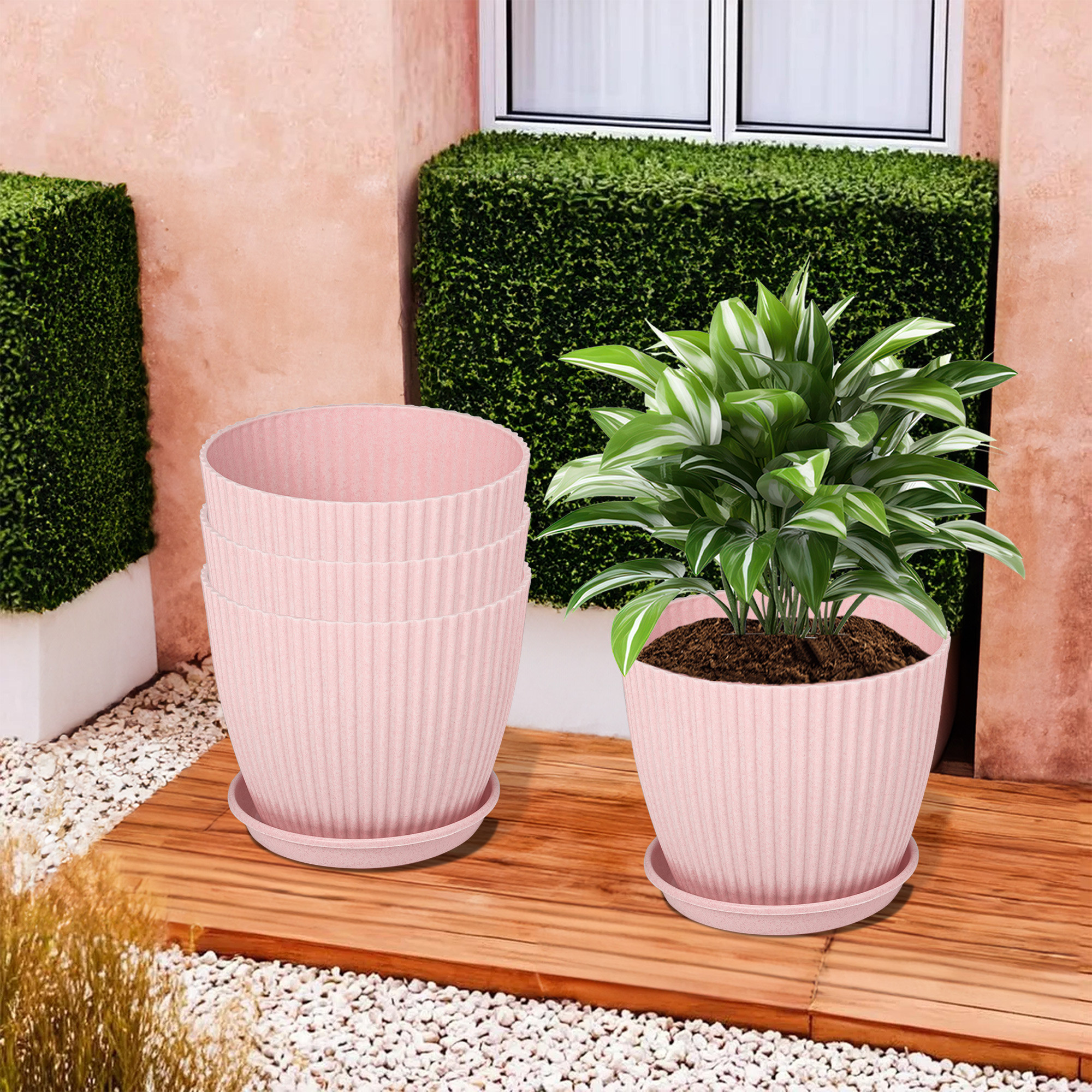 Kuber Industries Flower Pot with Bottom Tray | Flower Container for Living Room | Planters for Home-Lawns & Gardening | Flower Planter for Balcony | Marble Mega | 9 Inch | Pink
