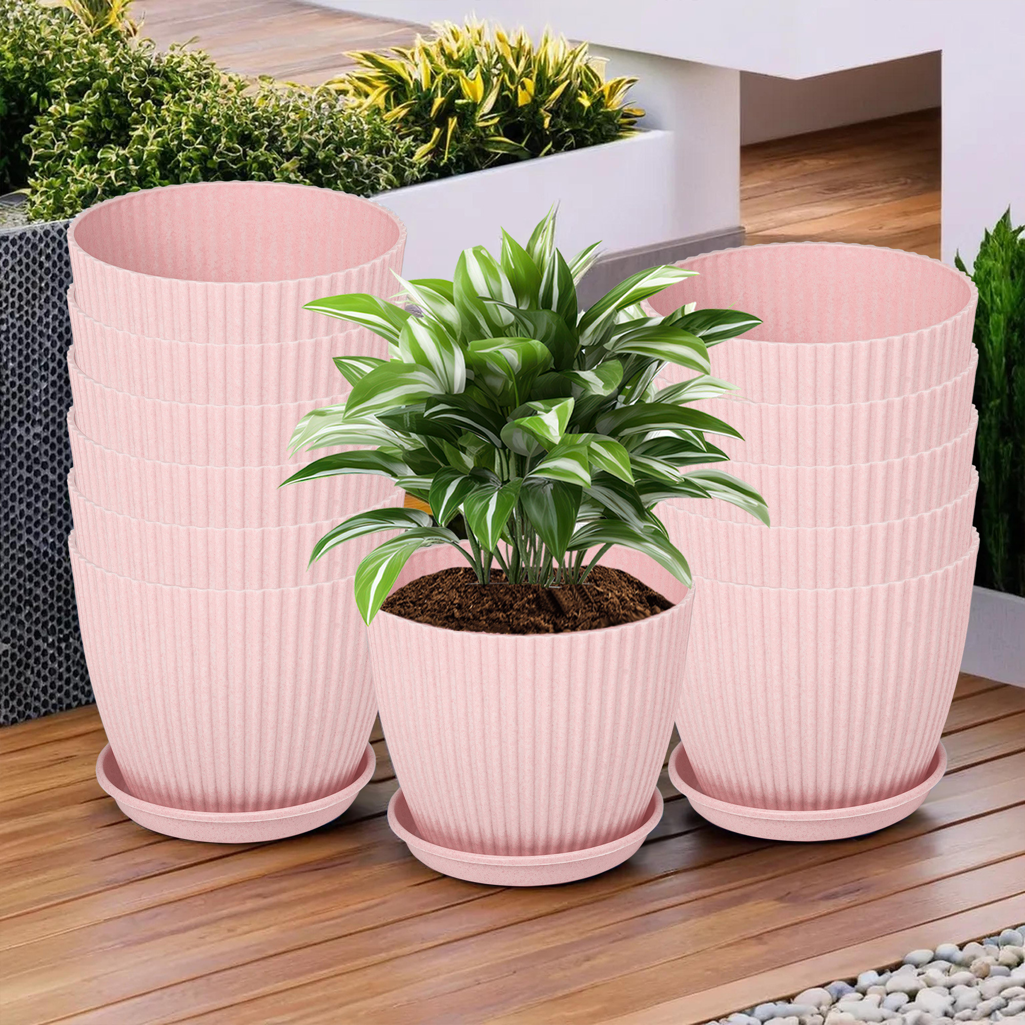 Kuber Industries Flower Pot with Bottom Tray | Flower Container for Living Room | Planters for Home-Lawns & Gardening | Flower Planter for Balcony | Marble Mega | 9 Inch | Pink
