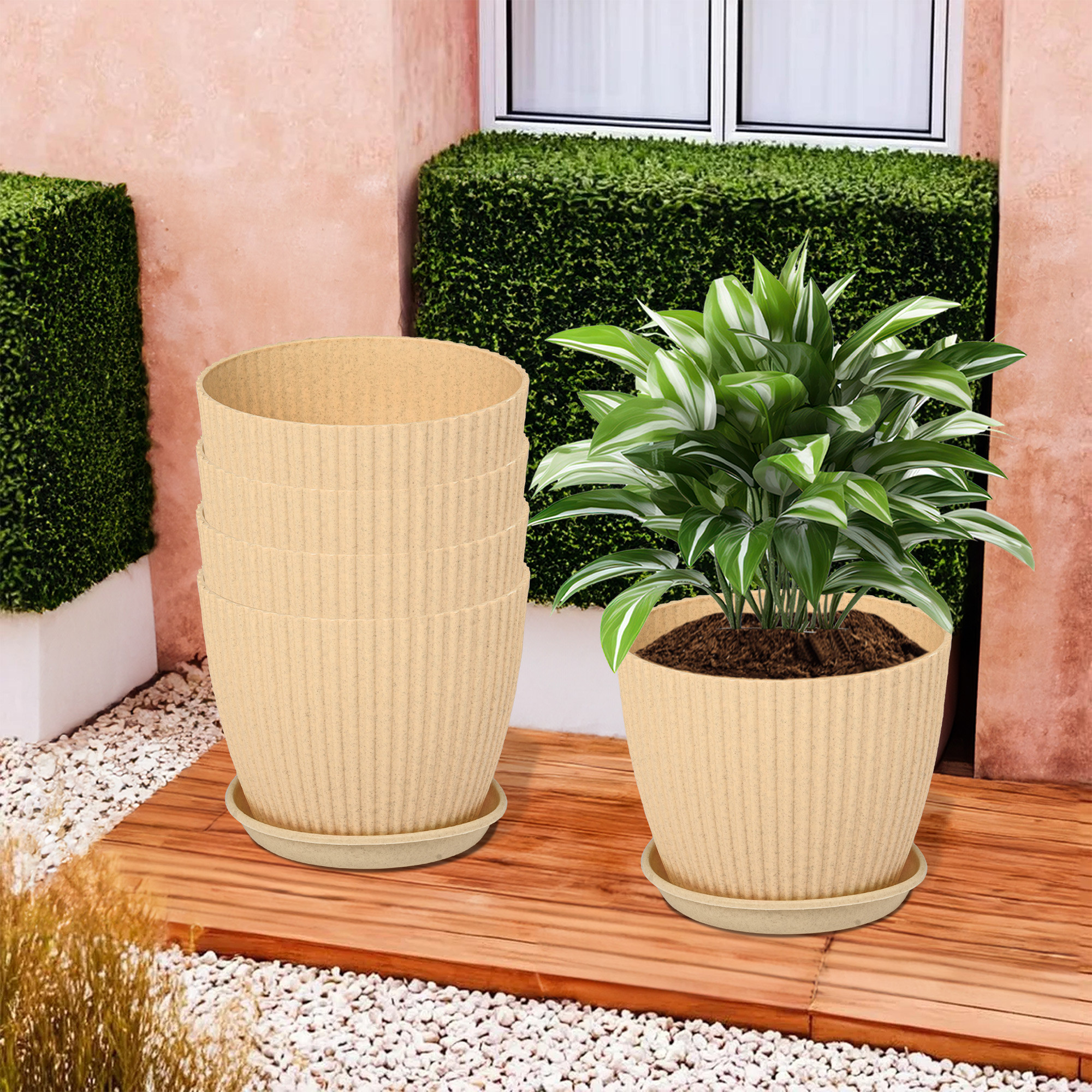 Kuber Industries Flower Pot with Bottom Tray | Flower Container for Living Room | Planters for Home-Lawns & Gardening | Flower Planter for Balcony | Marble Mega | 9 Inch | Beige