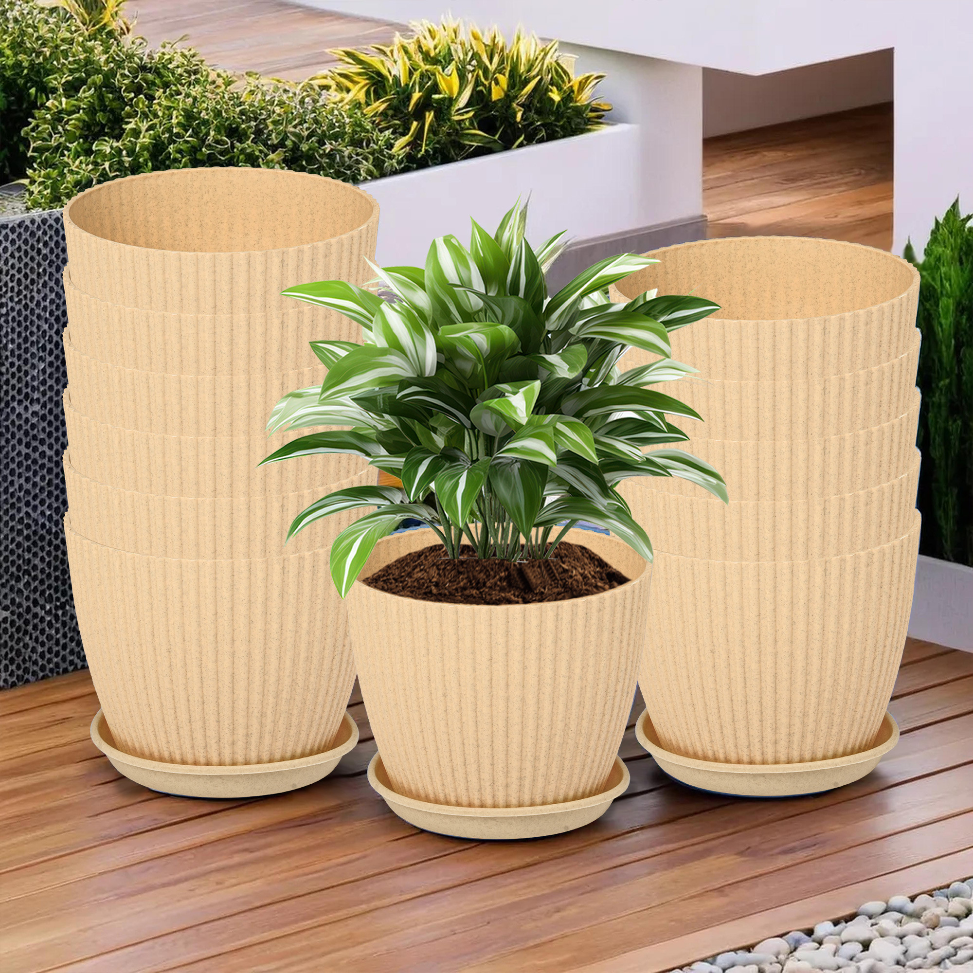 Kuber Industries Flower Pot with Bottom Tray | Flower Container for Living Room | Planters for Home-Lawns & Gardening | Flower Planter for Balcony | Marble Mega | 9 Inch | Beige