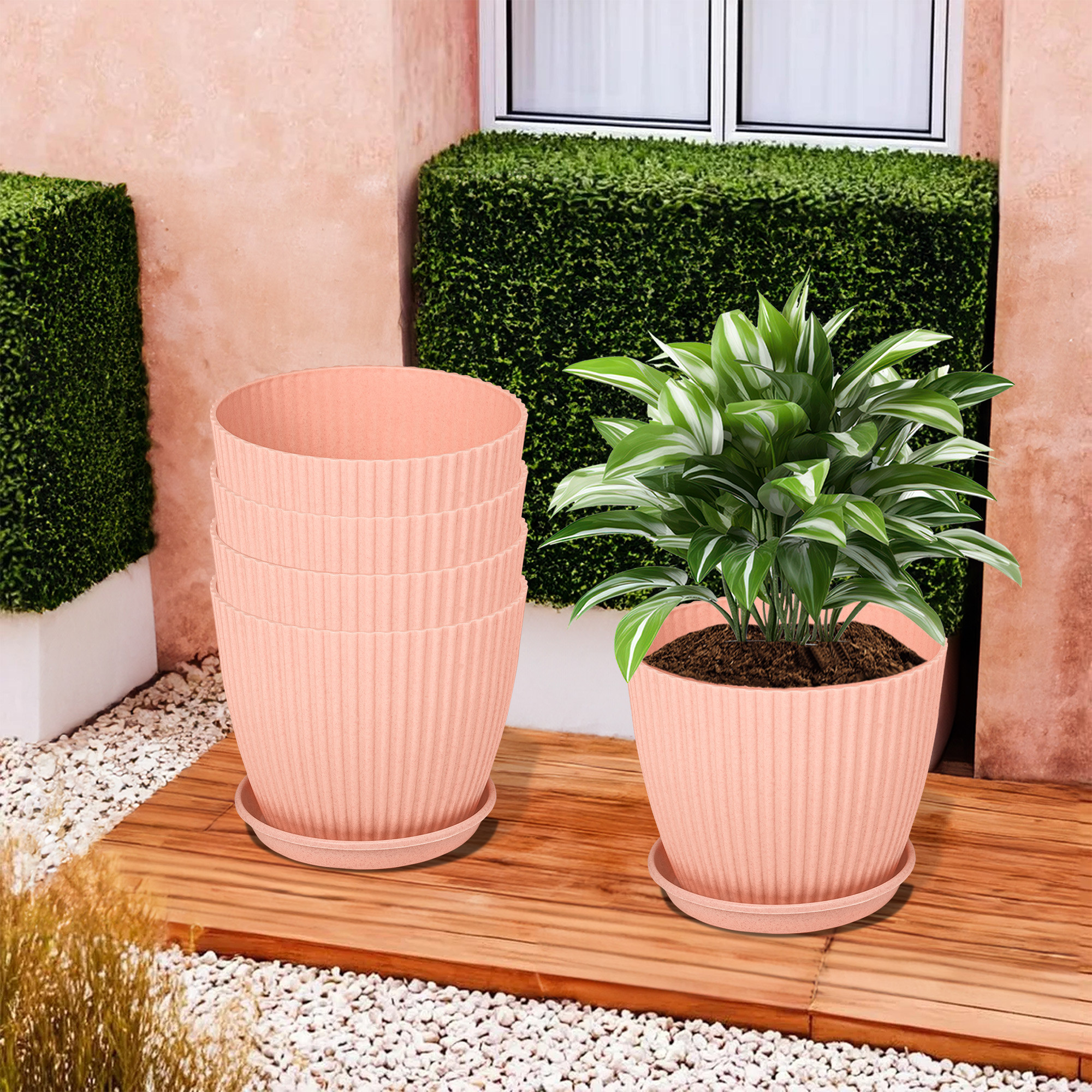 Kuber Industries Flower Pot with Bottom Tray | Flower Container for Living Room | Planters for Home-Lawns & Gardening | Flower Planter for Balcony | Marble Mega | 9 Inch | Peach