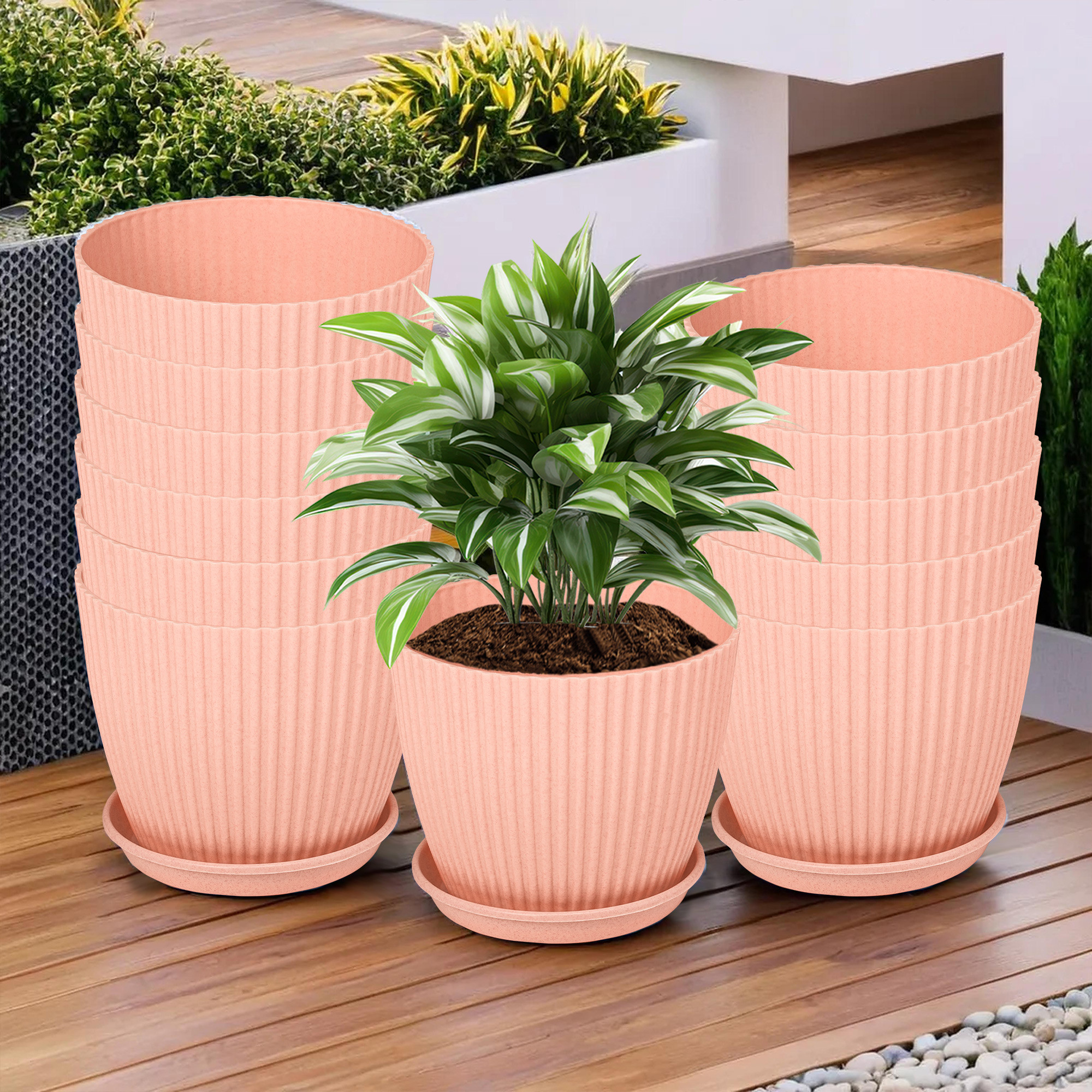 Kuber Industries Flower Pot with Bottom Tray | Flower Container for Living Room | Planters for Home-Lawns & Gardening | Flower Planter for Balcony | Marble Mega | 9 Inch | Peach