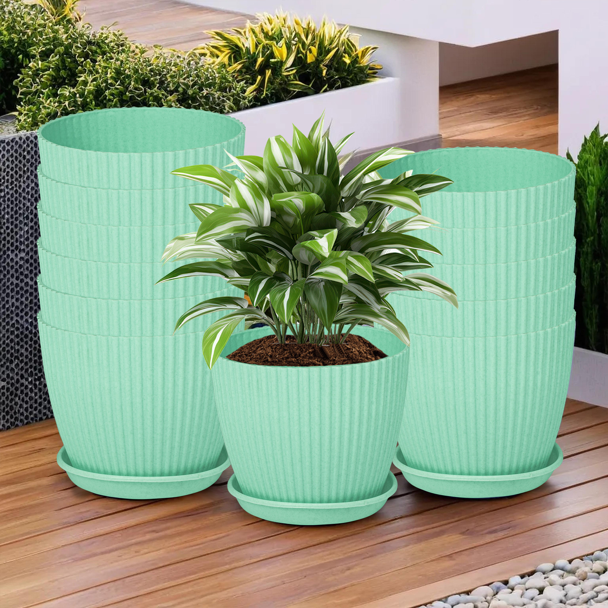 Kuber Industries Flower Pot with Bottom Tray | Flower Container for Living Room | Planters for Home-Lawns & Gardening | Flower Planter for Balcony | Marble Mega | 9 Inch | Mint Green