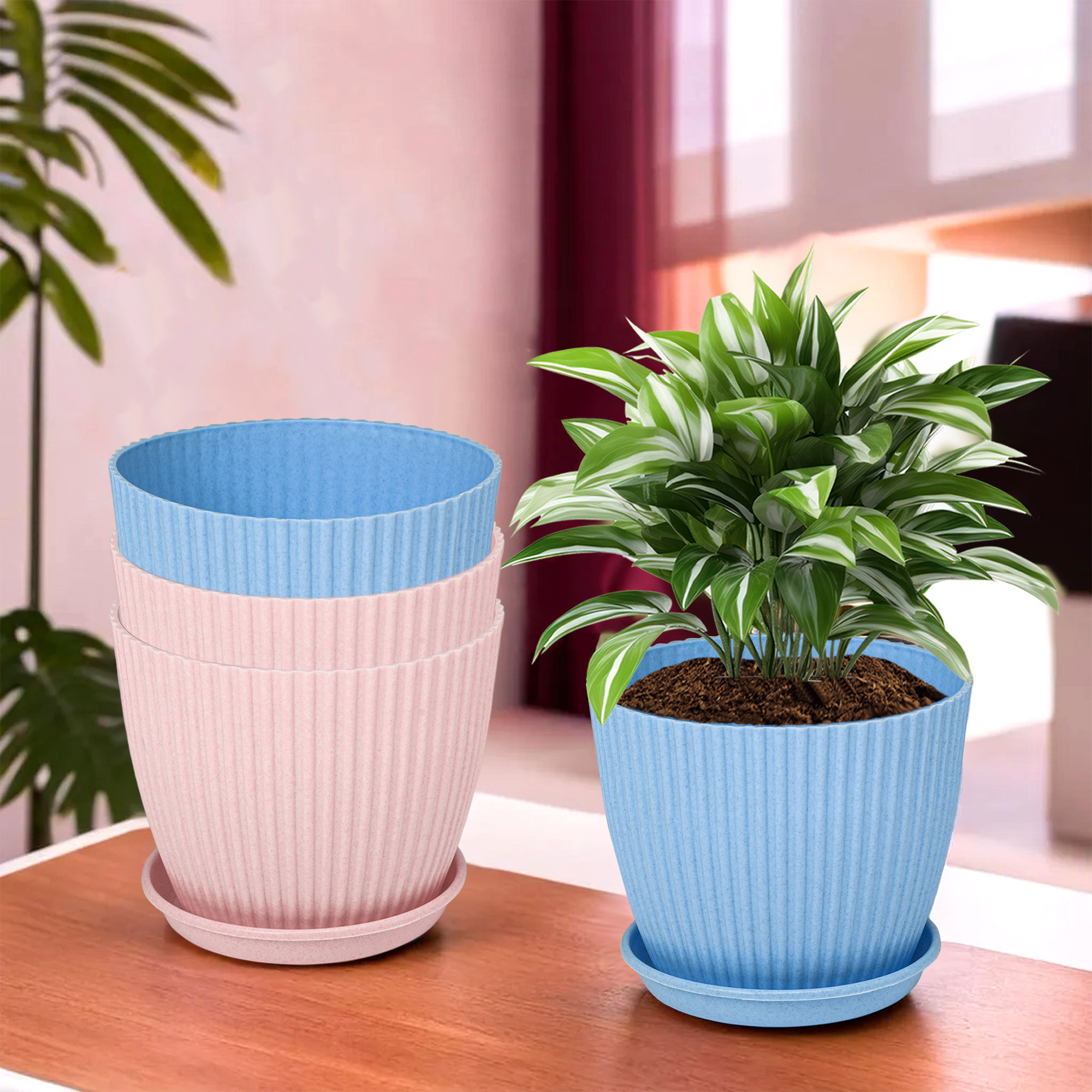 Kuber Industries Flower Pot with Bottom Tray | Flower Container for Living Room | Planters for Home-Lawns & Gardening | Flower Planter for Balcony | Marble Mega | 9 Inch | Blue & Pink