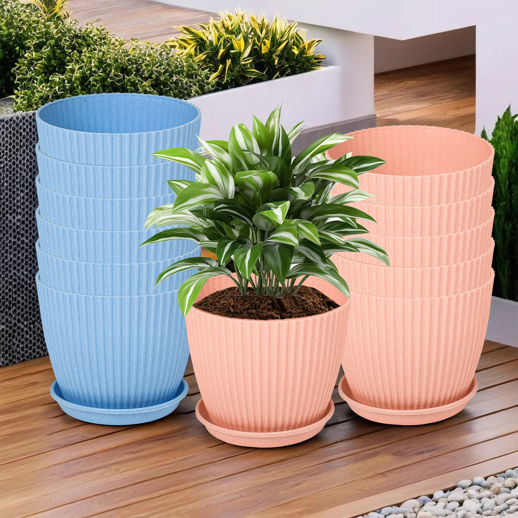 Kuber Industries Flower Pot with Bottom Tray | Flower Container for Living Room | Planters for Home-Lawns & Gardening | Flower Planter for Balcony | Marble Mega | 9 Inch | Blue & Peach