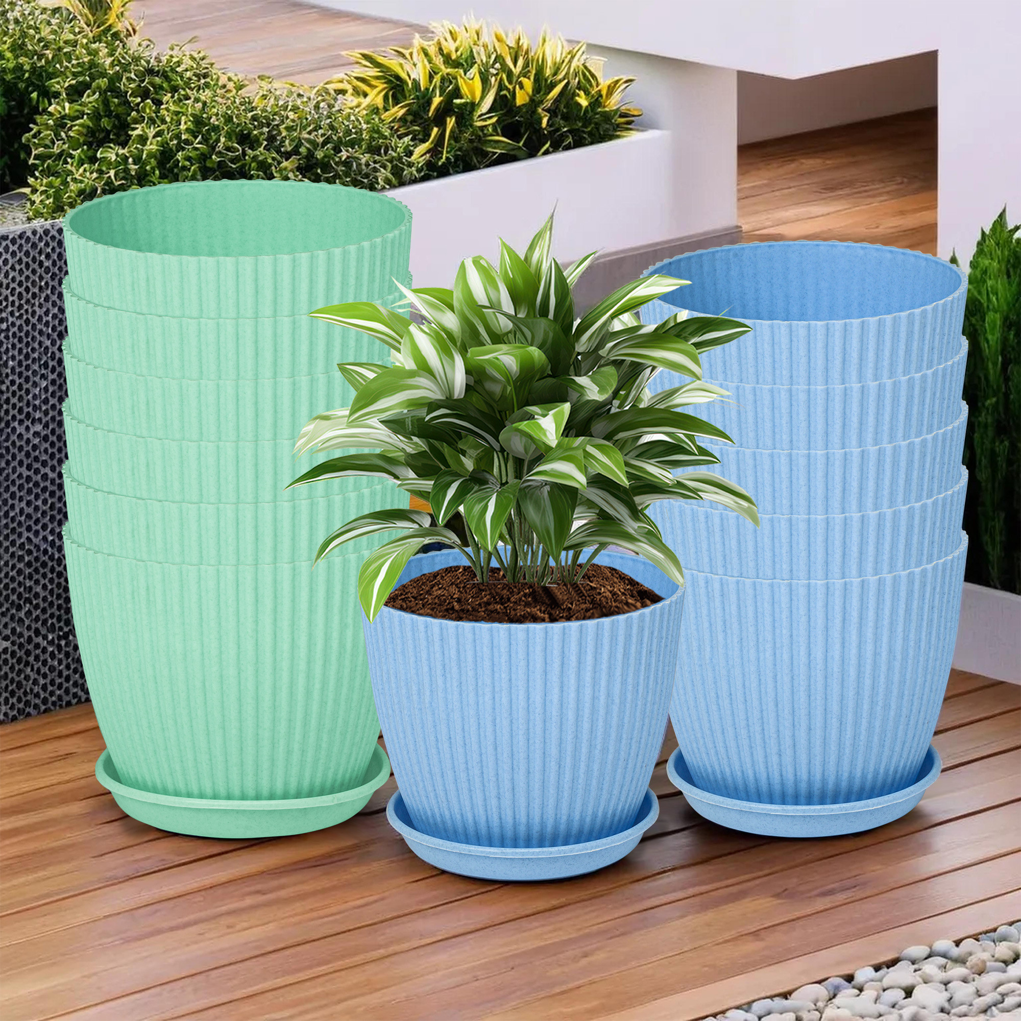 Kuber Industries Flower Pot with Bottom Tray | Flower Container for Living Room | Planters for Home-Lawns & Garden | Flower Planter for Balcony | Marble Mega | 9 Inch | Blue & Mint Green
