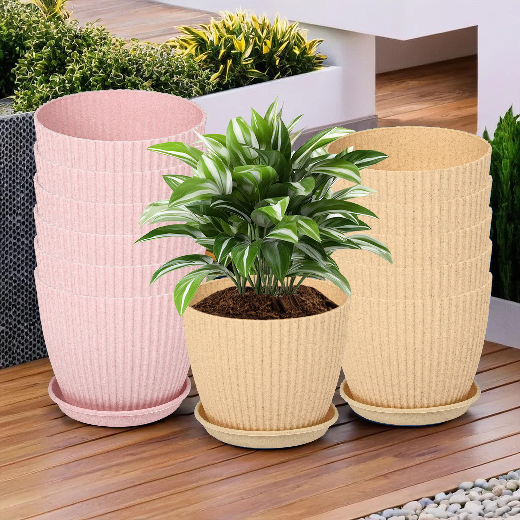 Kuber Industries Flower Pot with Bottom Tray | Flower Container for Living Room | Planters for Home-Lawns & Gardening | Flower Planter for Balcony | Marble Mega | 9 Inch | Pink & Beige