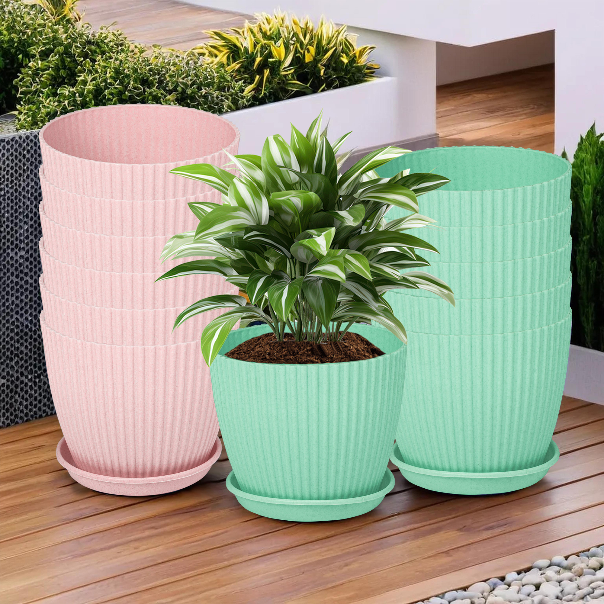 Kuber Industries Flower Pot with Bottom Tray | Flower Container for Living Room | Planters for Home-Lawns & Garden | Flower Planter for Balcony | Marble Mega | 9 Inch | Pink & Mint Green