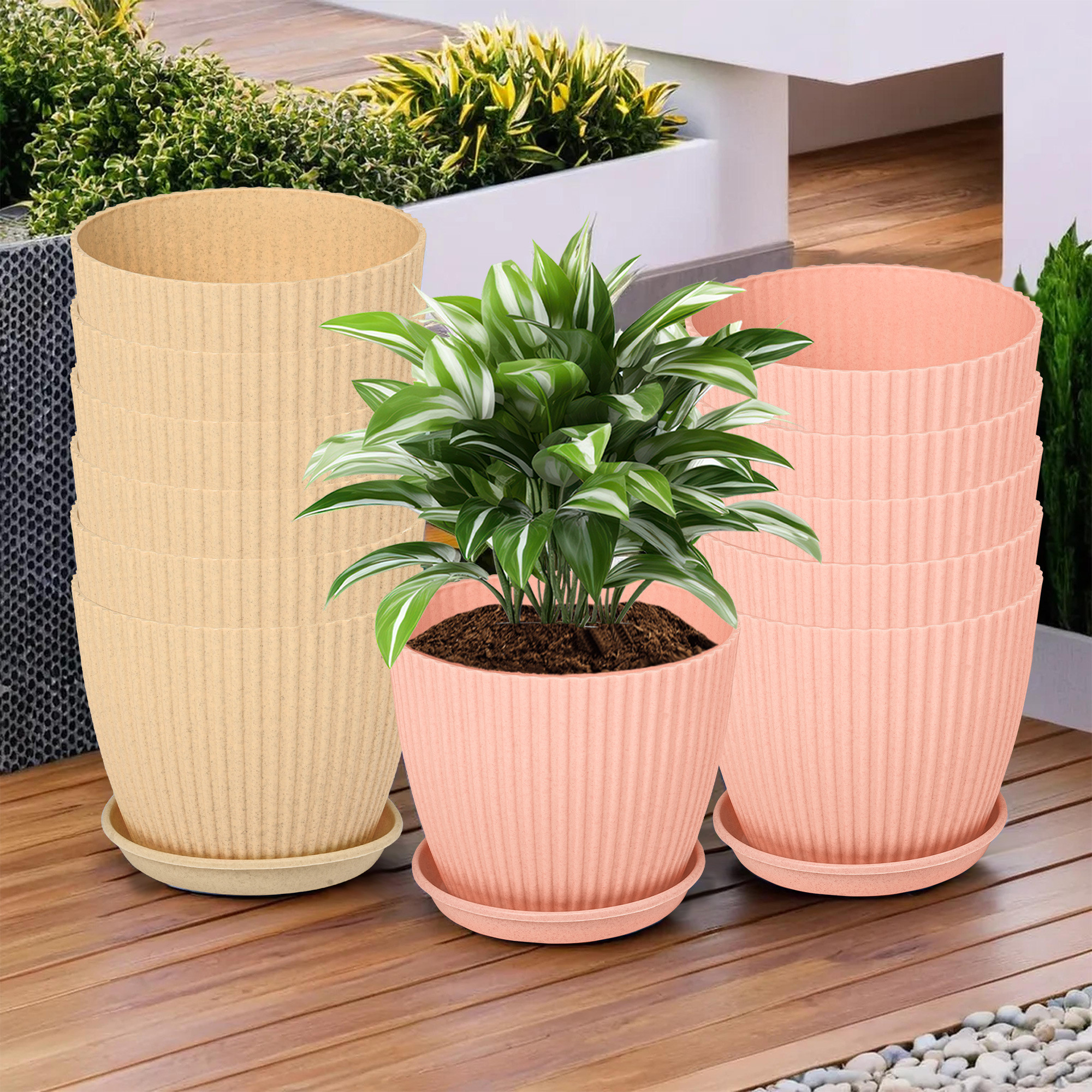 Kuber Industries Flower Pot with Bottom Tray | Flower Container for Living Room | Planters for Home-Lawns & Gardening | Flower Planter for Balcony | Marble Mega | 9 Inch | Beige & Peach