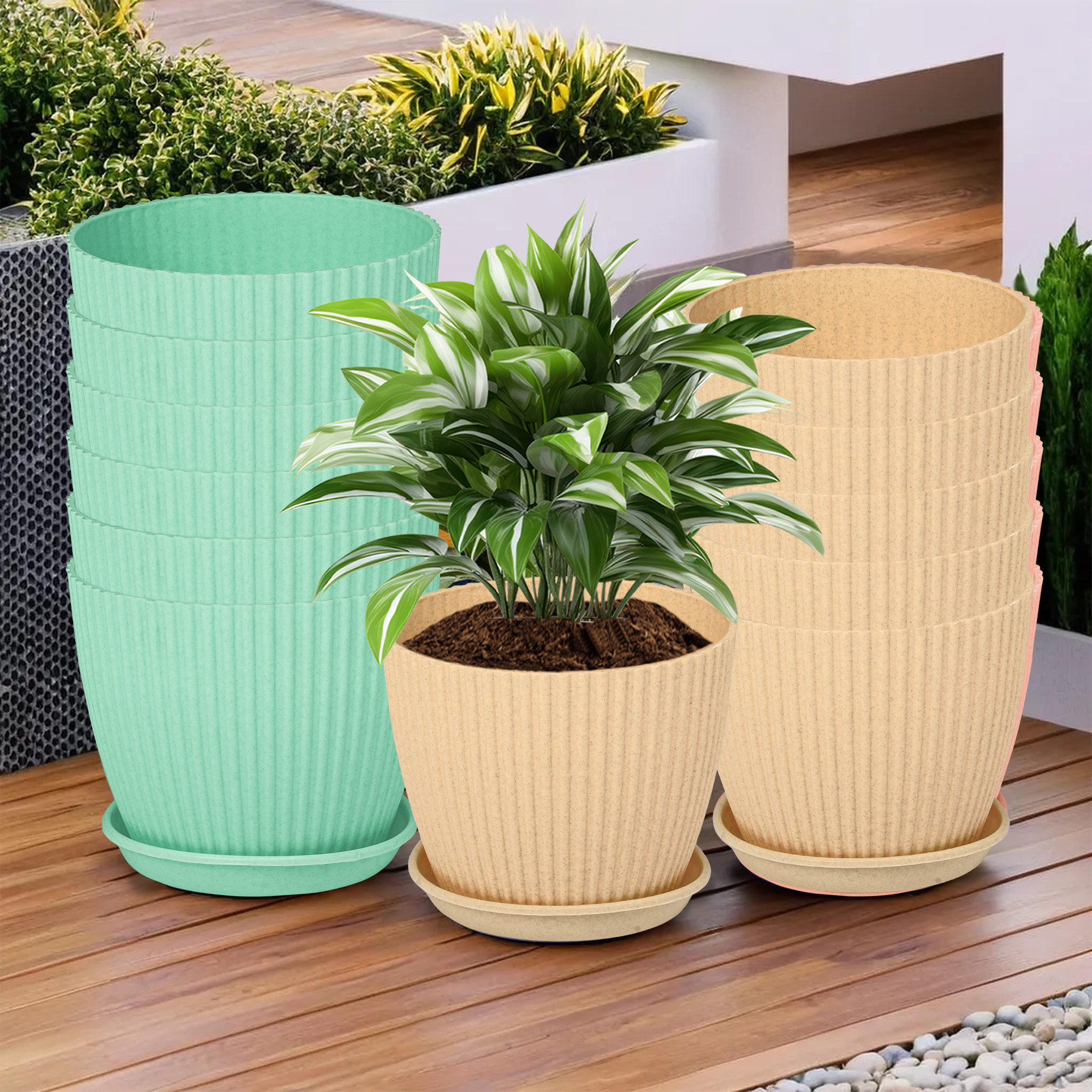 Kuber Industries Flower Pot with Bottom Tray | Flower Container for Living Room | Planters for Home-Lawns & Garden | Flower Planter for Balcony | Marble Mega | 9 Inch | Beige & Mint Green