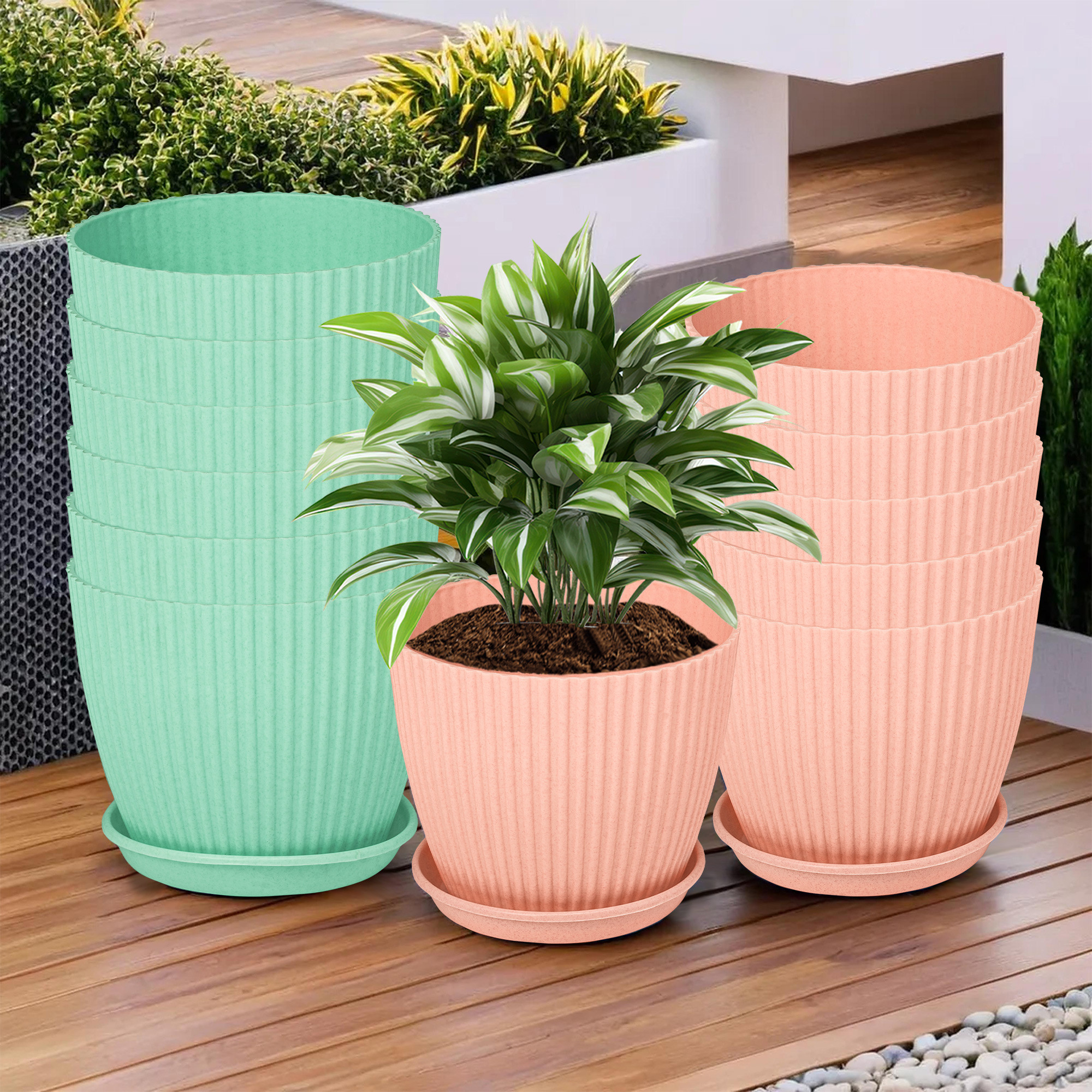 Kuber Industries Flower Pot with Bottom Tray | Flower Container for Living Room | Planters for Home-Lawns & Garden | Flower Planter for Balcony | Marble Mega | 9 Inch | Peach & Mint Green