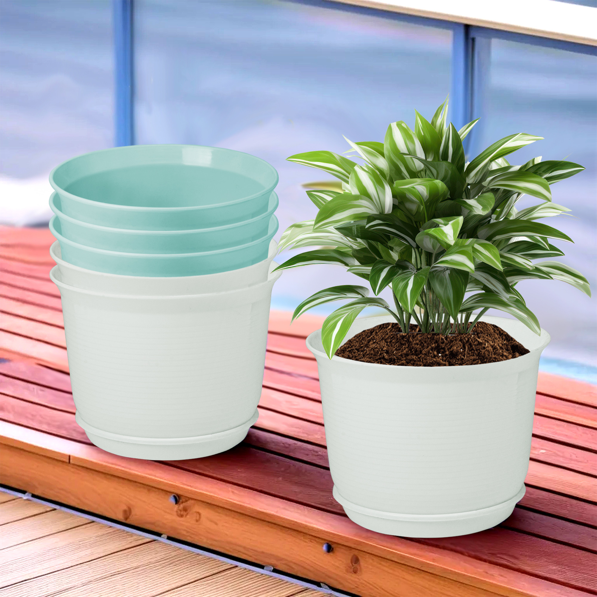 Kuber Industries Flower Pot with Bottom Tray | Flower Planter Pots | Planters for Home-Lawns & Garden | Flower Planter for Balcony | Plain Sawera | 10 Inch | Sky Blue & White